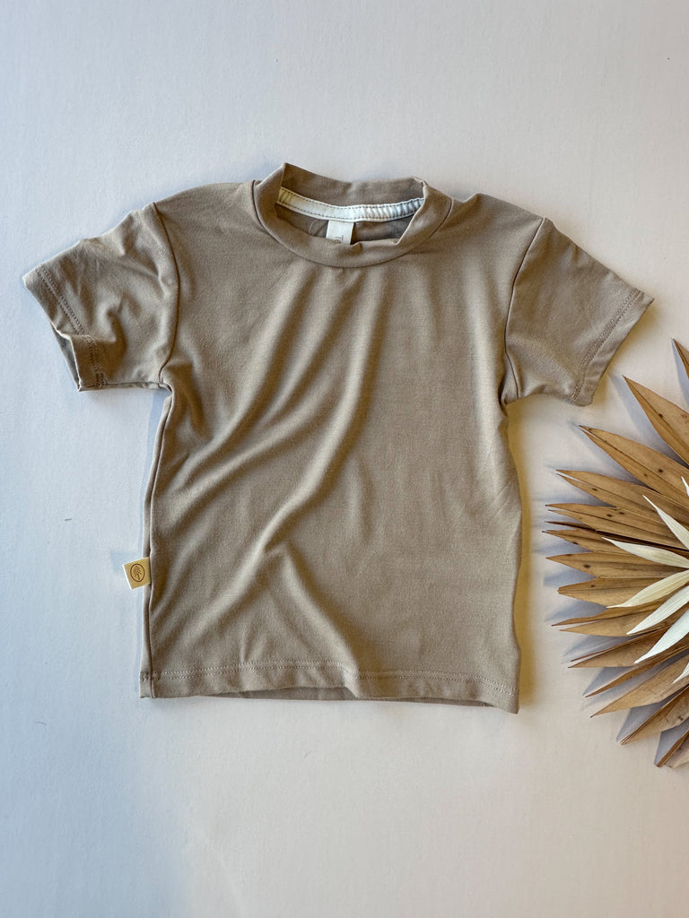 premium bamboo baby kids tee in tan soft beige aesthetic kids tee made in usa eco friendly