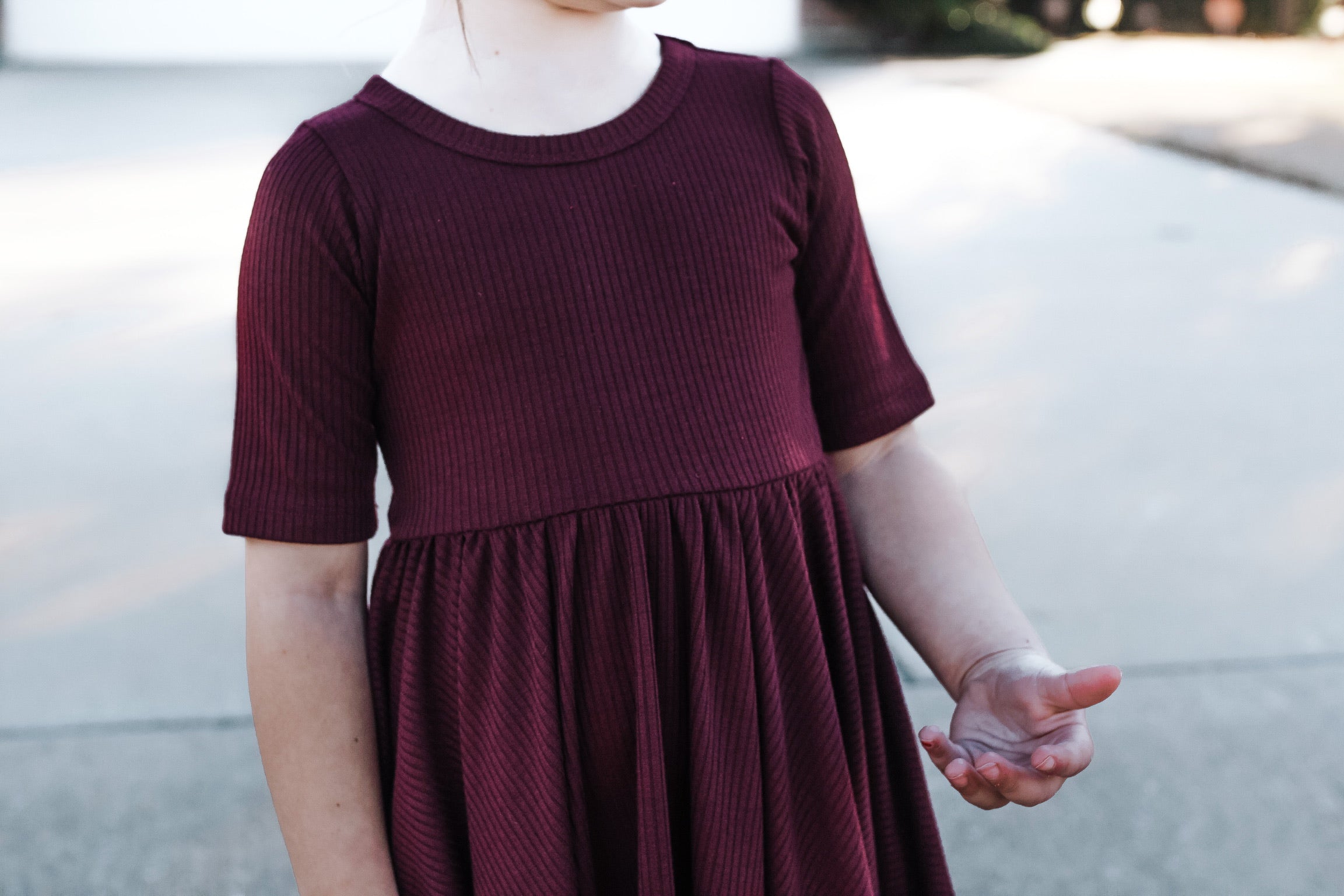 MID SLEEVE TWIRL DRESS- Black Cherry Ribbed