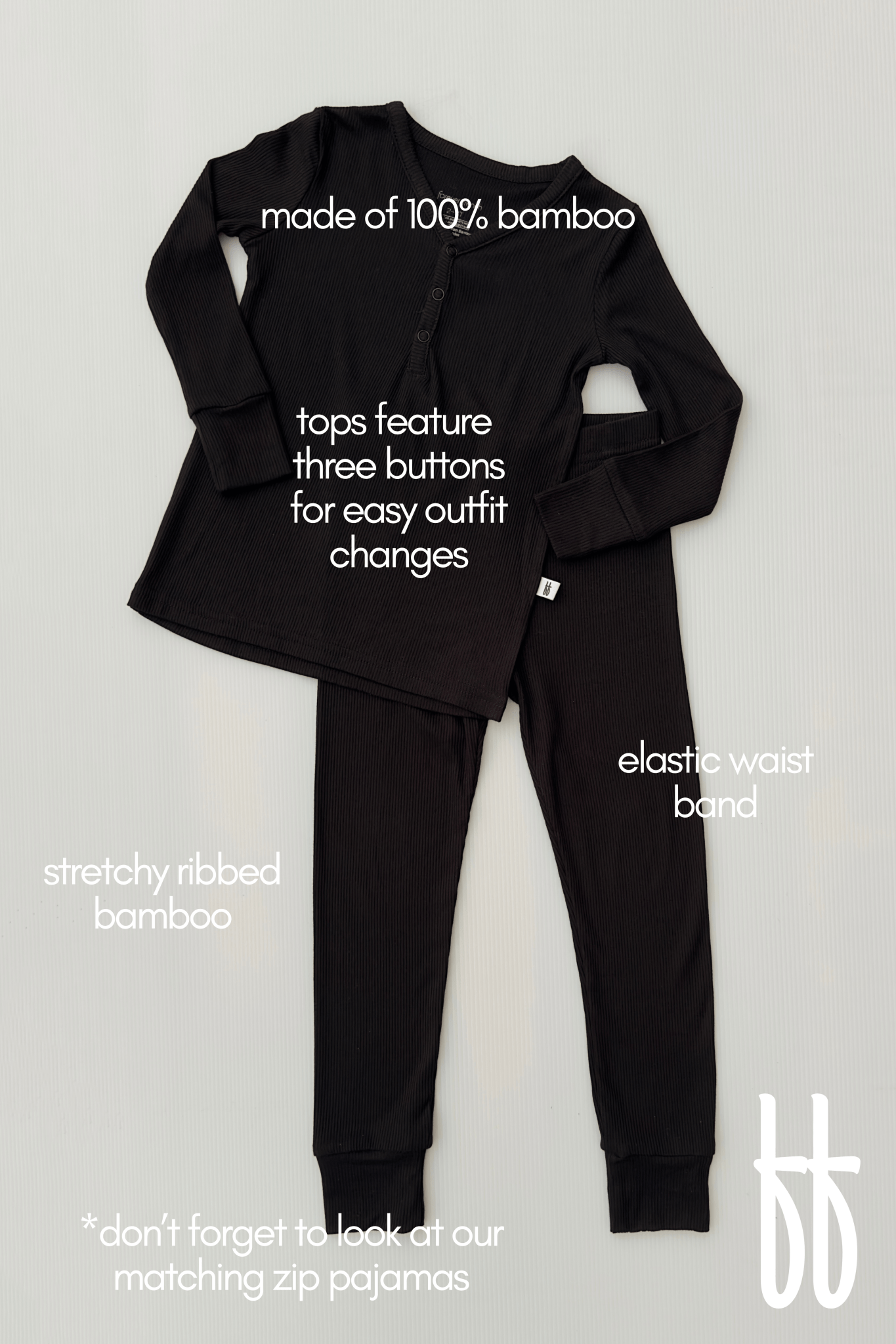 Bamboo Two Piece Pajamas | Black Ribbed - Tenth & Pine - pajamas - 2/3 Years
