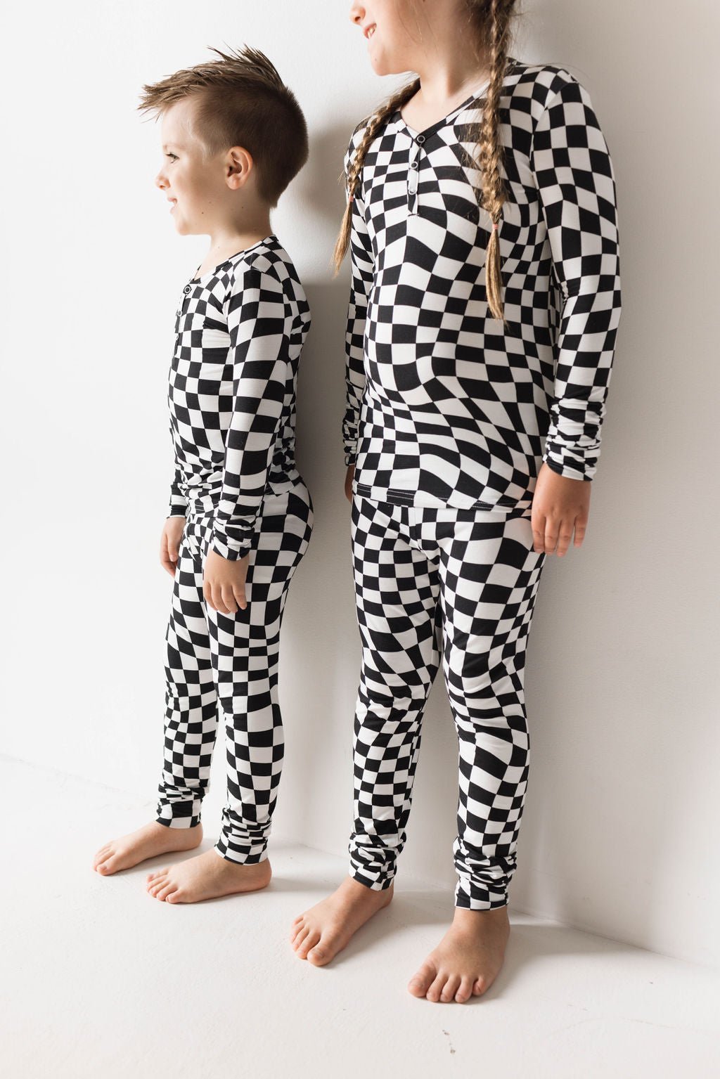 Bamboo Two Piece Pajamas | Black & White Wavy Checkerboard - Tenth & Pine - 2/3 Years