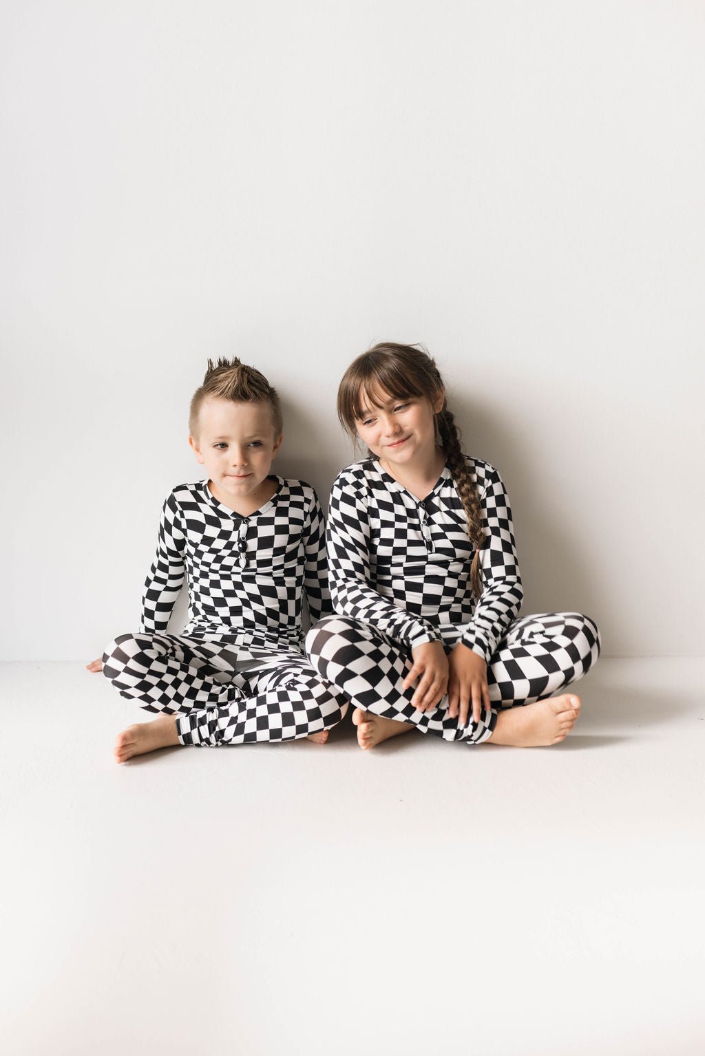 Bamboo Two Piece Pajamas | Black & White Wavy Checkerboard - Tenth & Pine - 2/3 Years