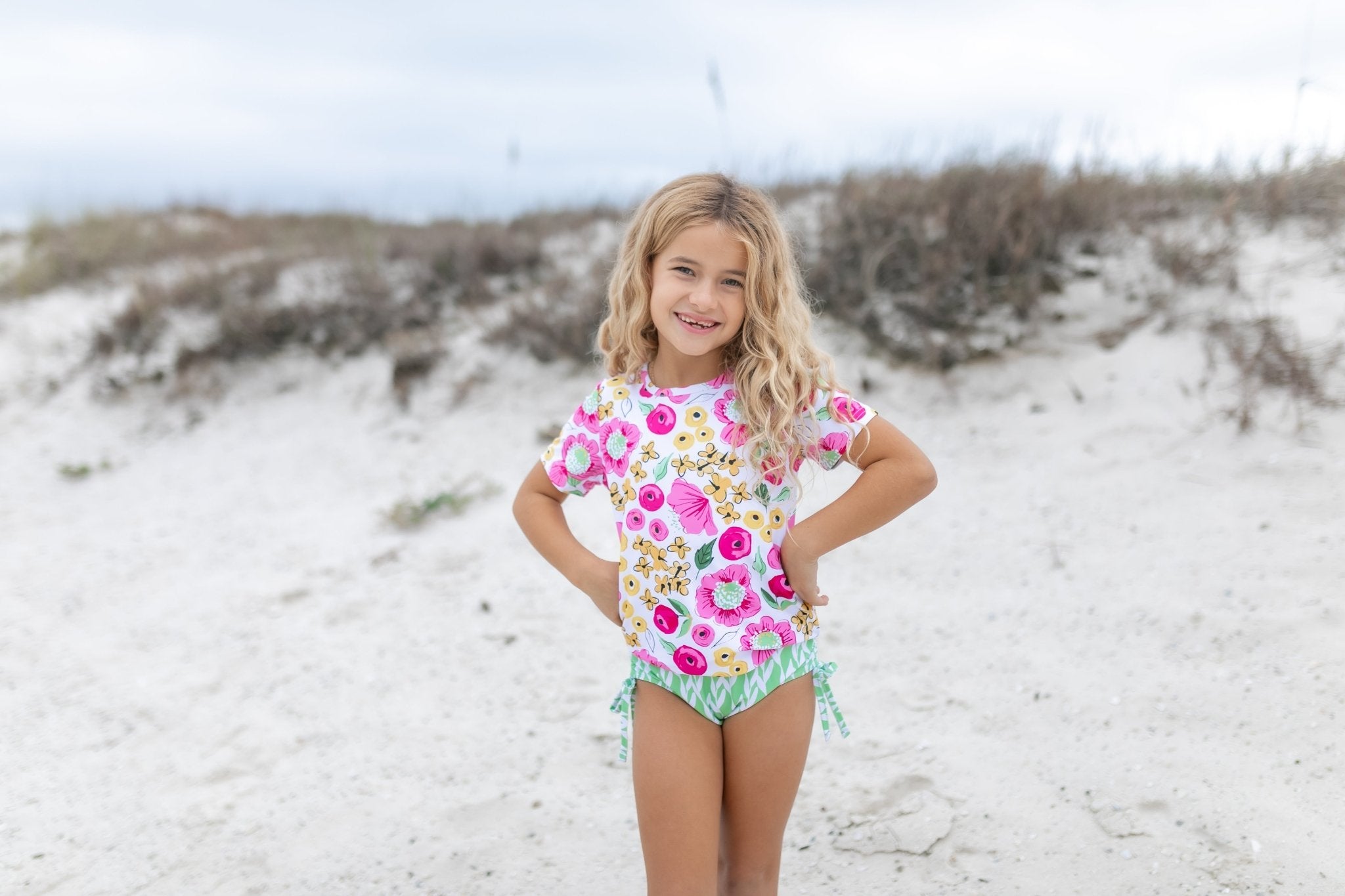 Green Pink Floral Rash Guard Swimsuit - Tenth & Pine - Swimsuit - 3 - Oopsie Daisy