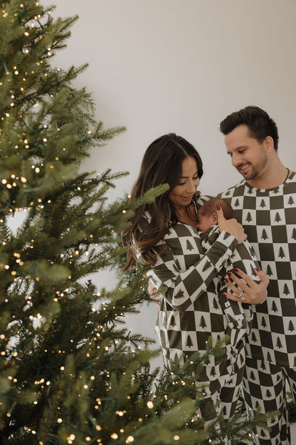 Bamboo Zip Pajamas | Christmas Tree Checkerboard