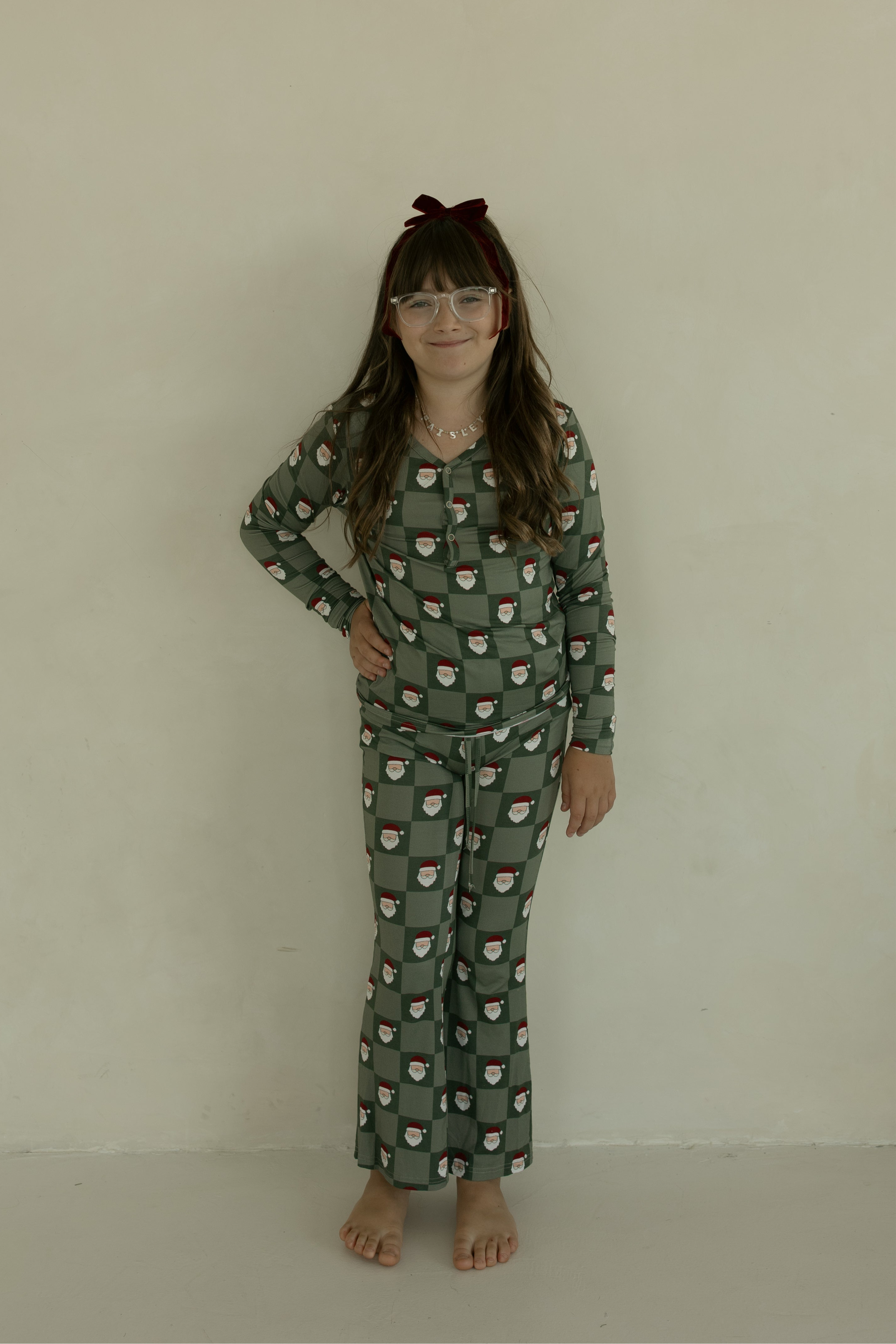Pre-Teen Flare Bamboo Pajamas | Santa Checkerboard