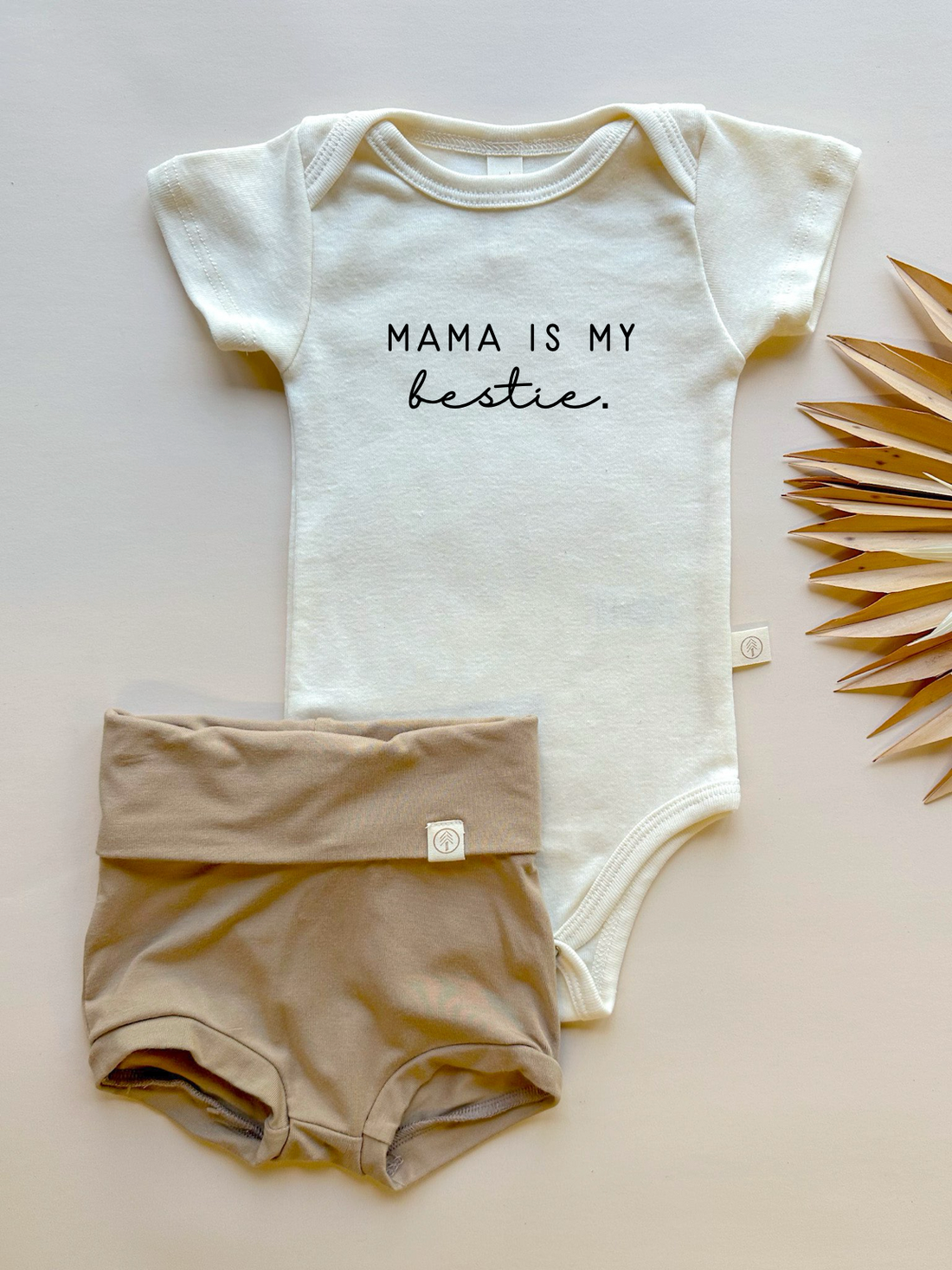 Mama Bestie | Bamboo Fold Over Bloomers and Organic Cotton Bodysuit Set | Almond