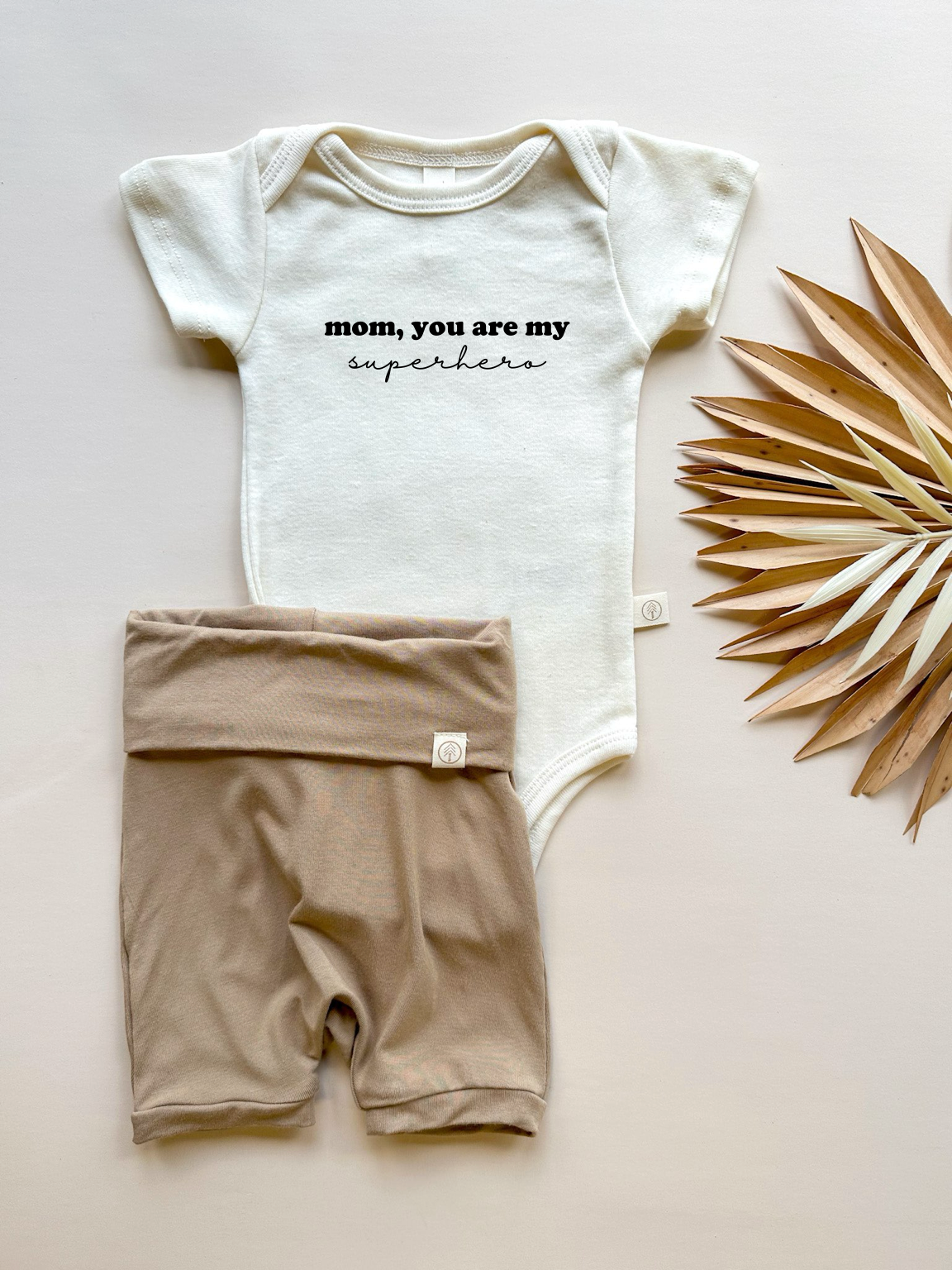 Mom Superhero | Bamboo Fold Over Shorties and Organic Cotton Bodysuit Set | Almond