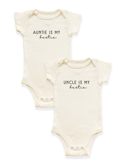 2 Pack - Auntie is my Bestie + Uncle is my Bestie Organic Cotton Baby Bodysuits