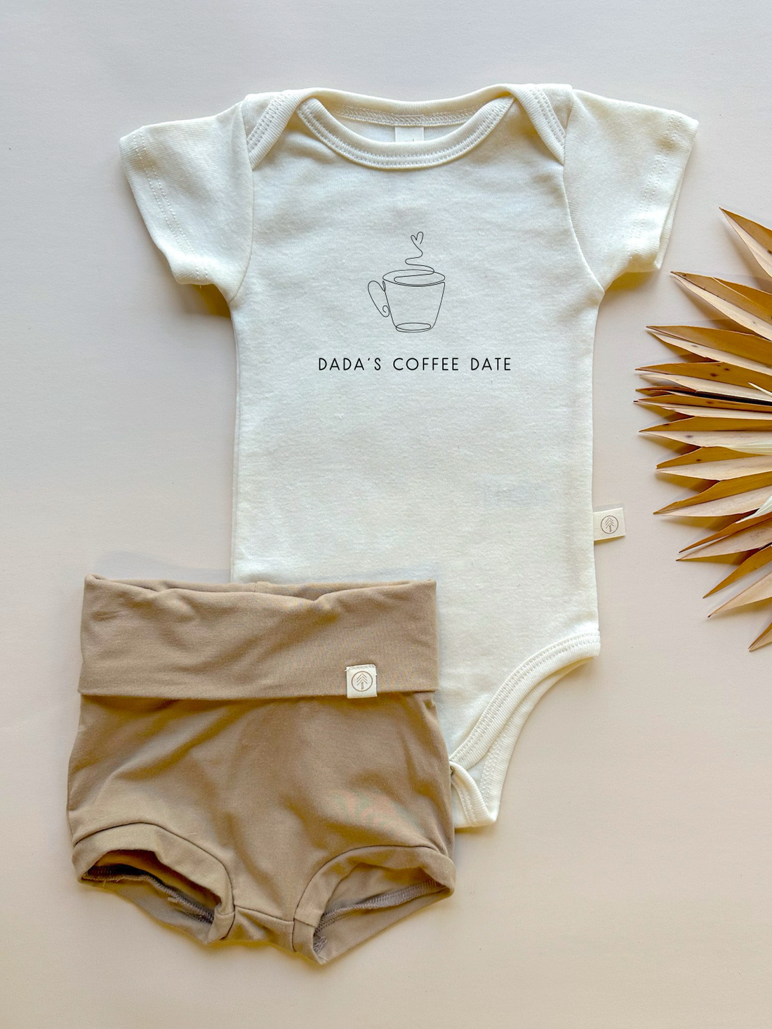 Dadas Coffee Date | Bamboo Fold Over Shorties and Organic Cotton Bodysuit Set | Almond