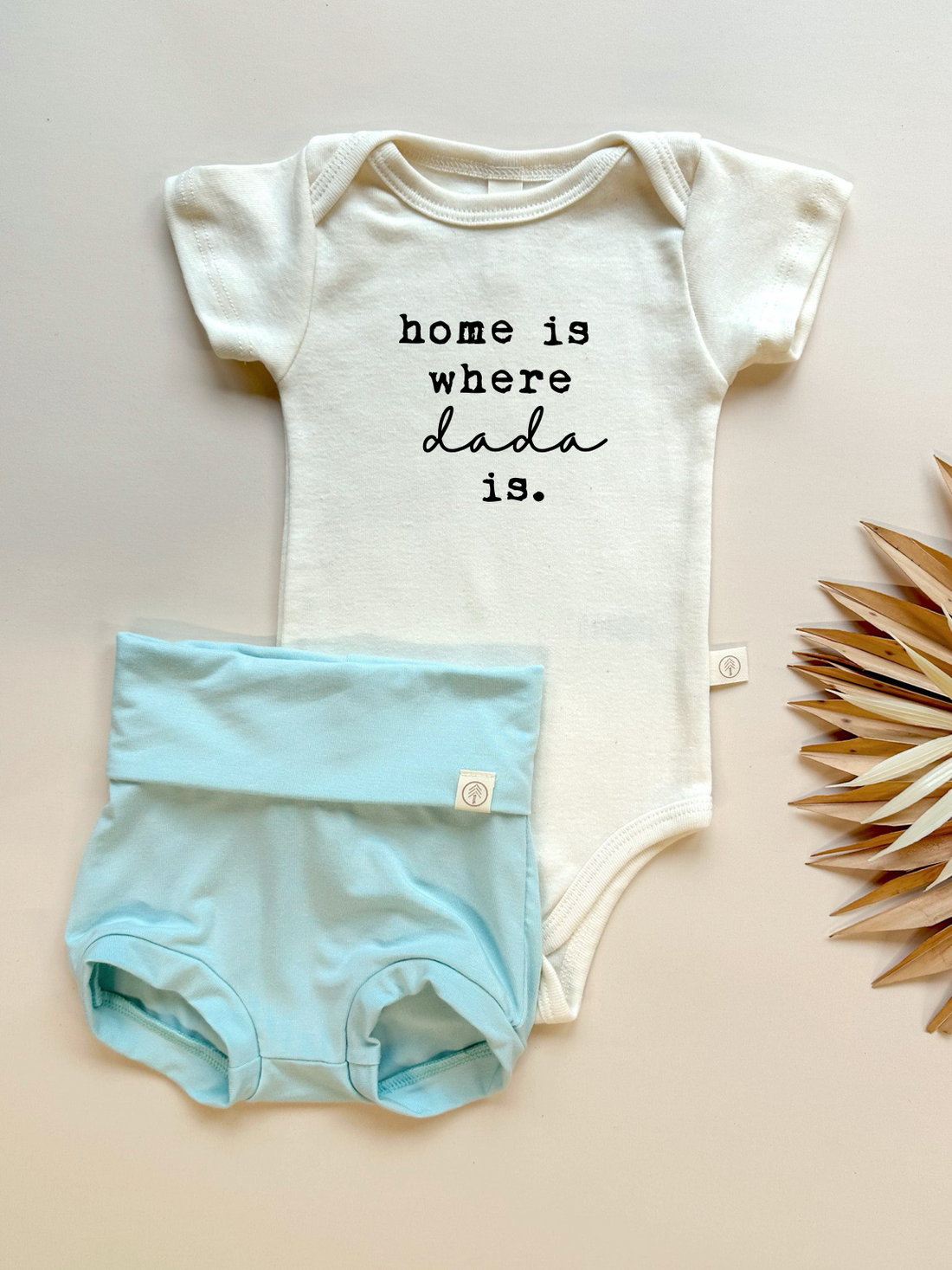 Home is Where Dada is | Bamboo Fold Over Bloomers and Organic Cotton Bodysuit Set | Caribbean Blue