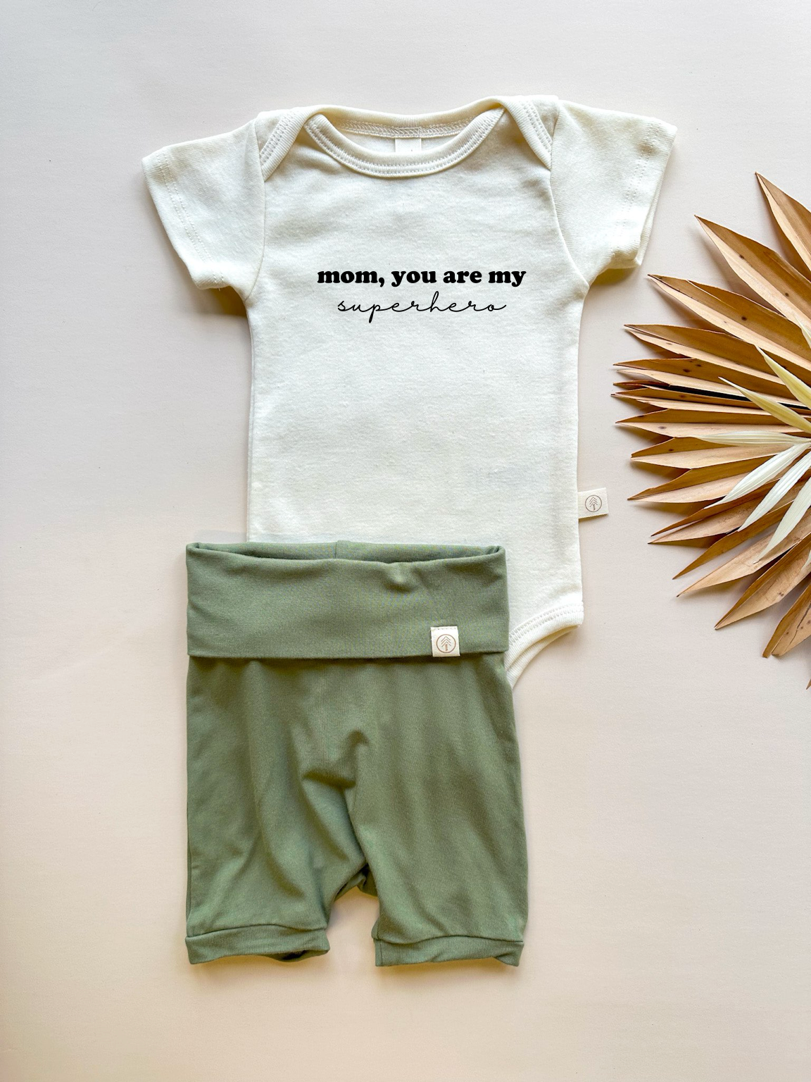 Mom Superhero | Bamboo Fold Over Shorties and Organic Cotton Bodysuit Set | Eucalyptus