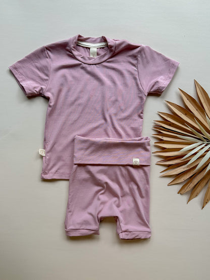 Fold Over Shorties and Short Sleeve Tee Set | Dusty Pink | Luxury Bamboo