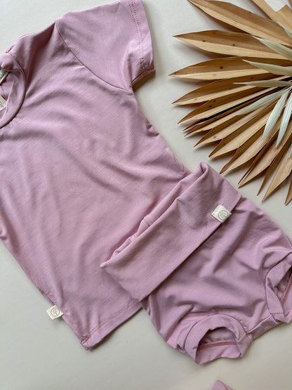 Fold Over Bloomers and Short Sleeve Tee Set | Dusty Pink | Luxury Bamboo