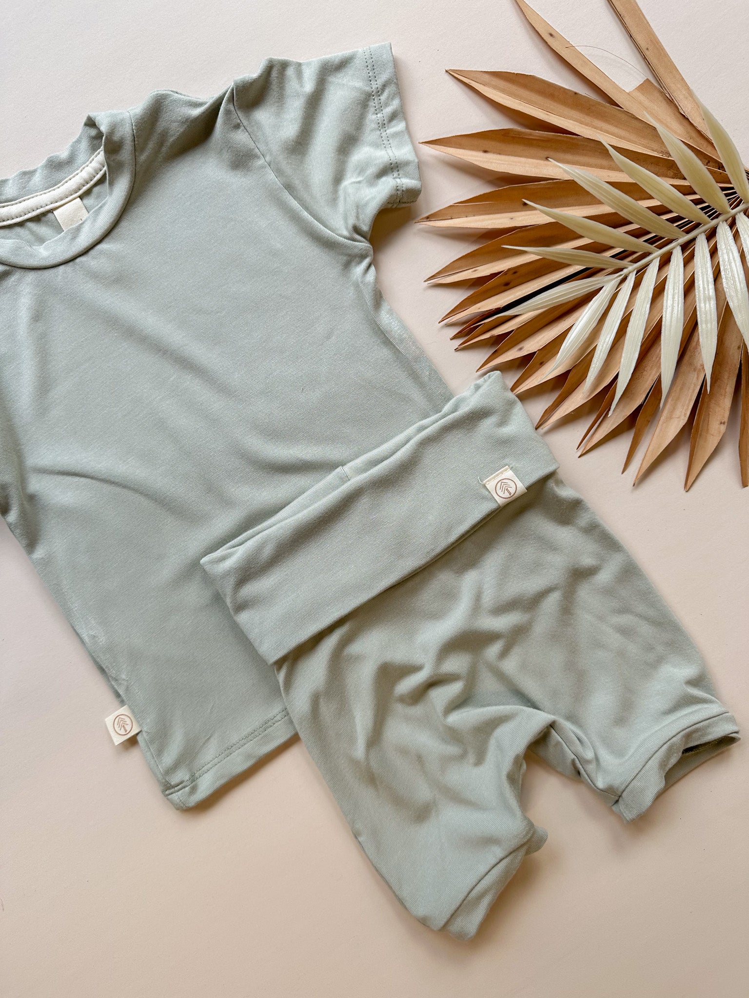 Fold Over Shorties and Short Sleeve Tee Set | Sage | Luxury Bamboo