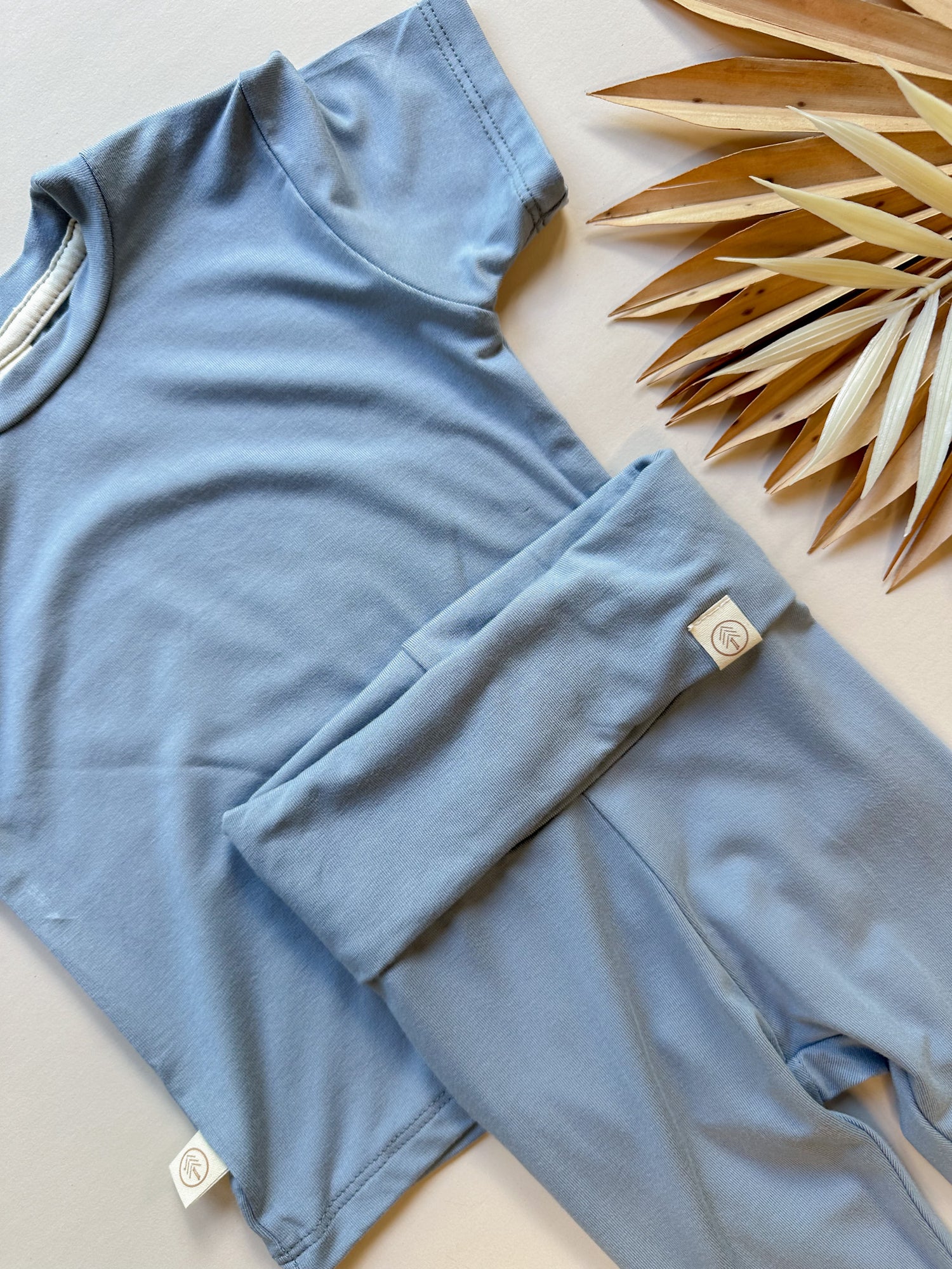 Fold Over Leggings and Short Sleeve Tee Set | Dusty Blue | Luxury Bamboo
