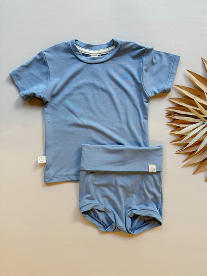Fold Over Bloomers and Short Sleeve Tee Set | Dusty Blue | Luxury Bamboo