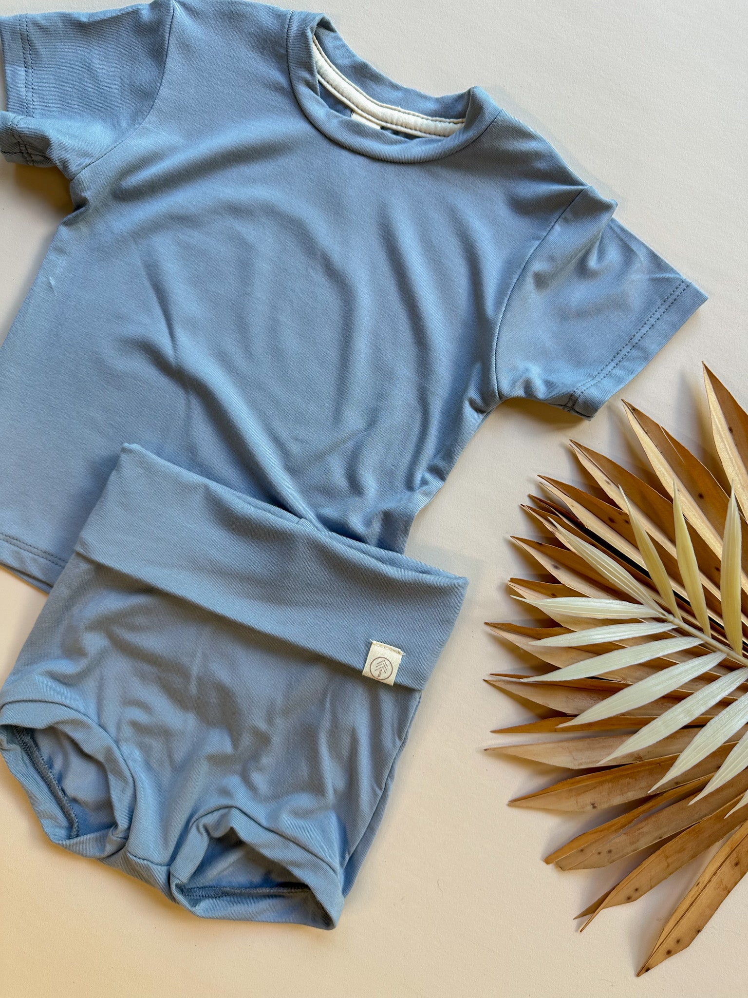 Fold Over Bloomers and Short Sleeve Tee Set | Dusty Blue | Luxury Bamboo