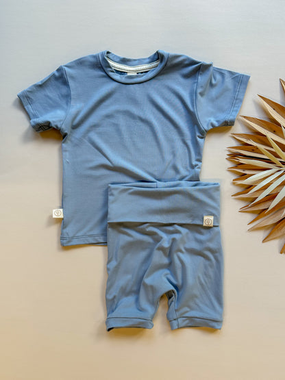 Fold Over Shorties and Short Sleeve Tee Set | Dusty Blue | Luxury Bamboo