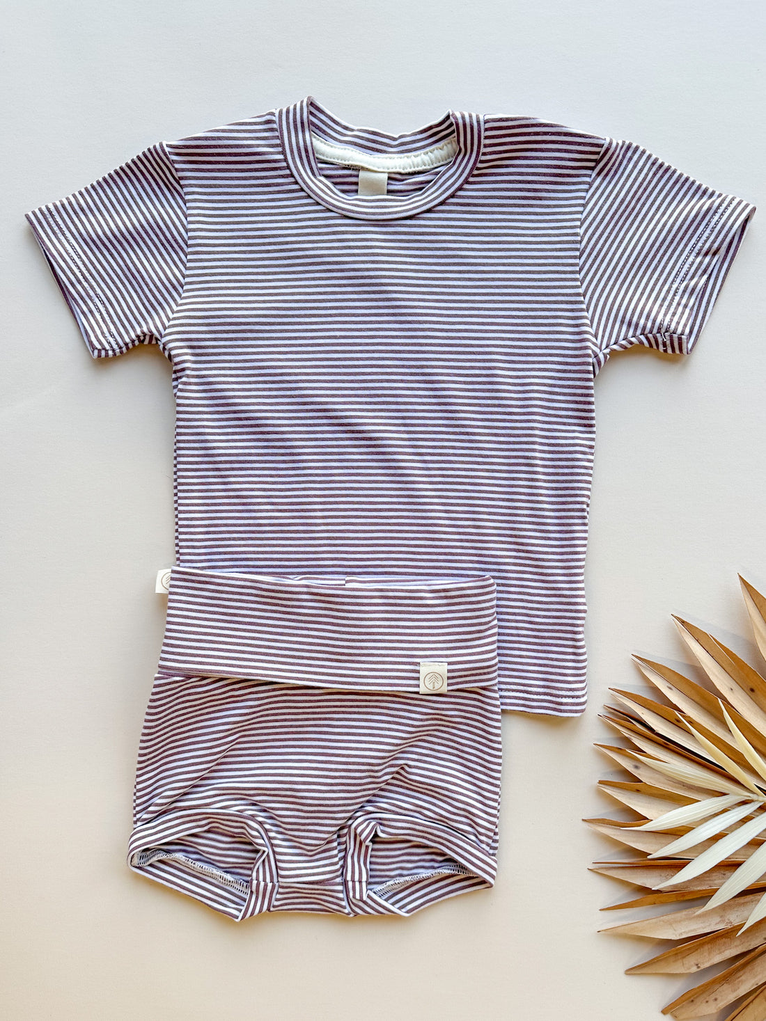 Fold Over Bloomers and Short Sleeve Tee Set | Plum Stripe | Bamboo Organic Cotton