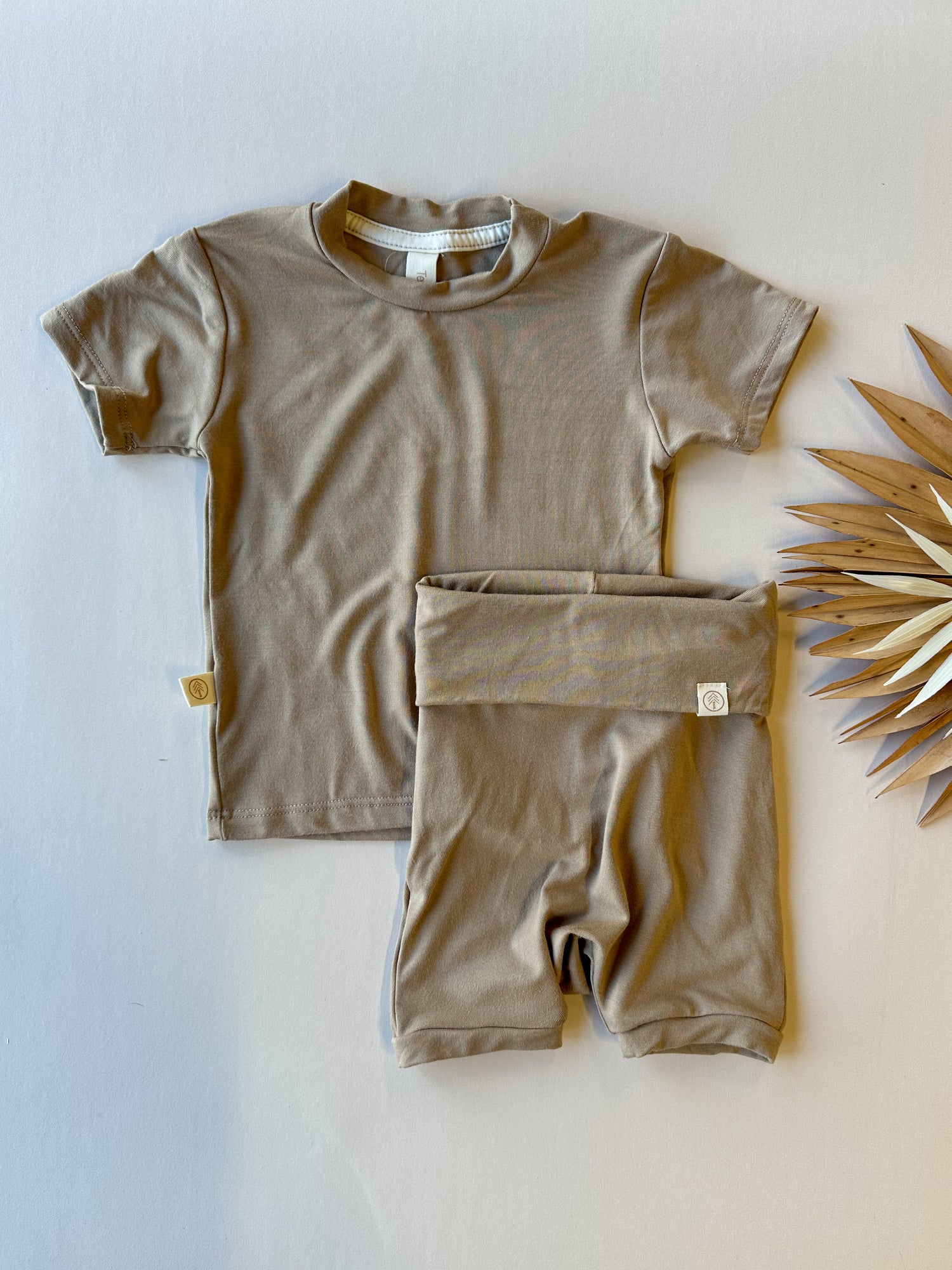 Fold Over Shorties and Short Sleeve Tee Set | Almond | Luxury Bamboo