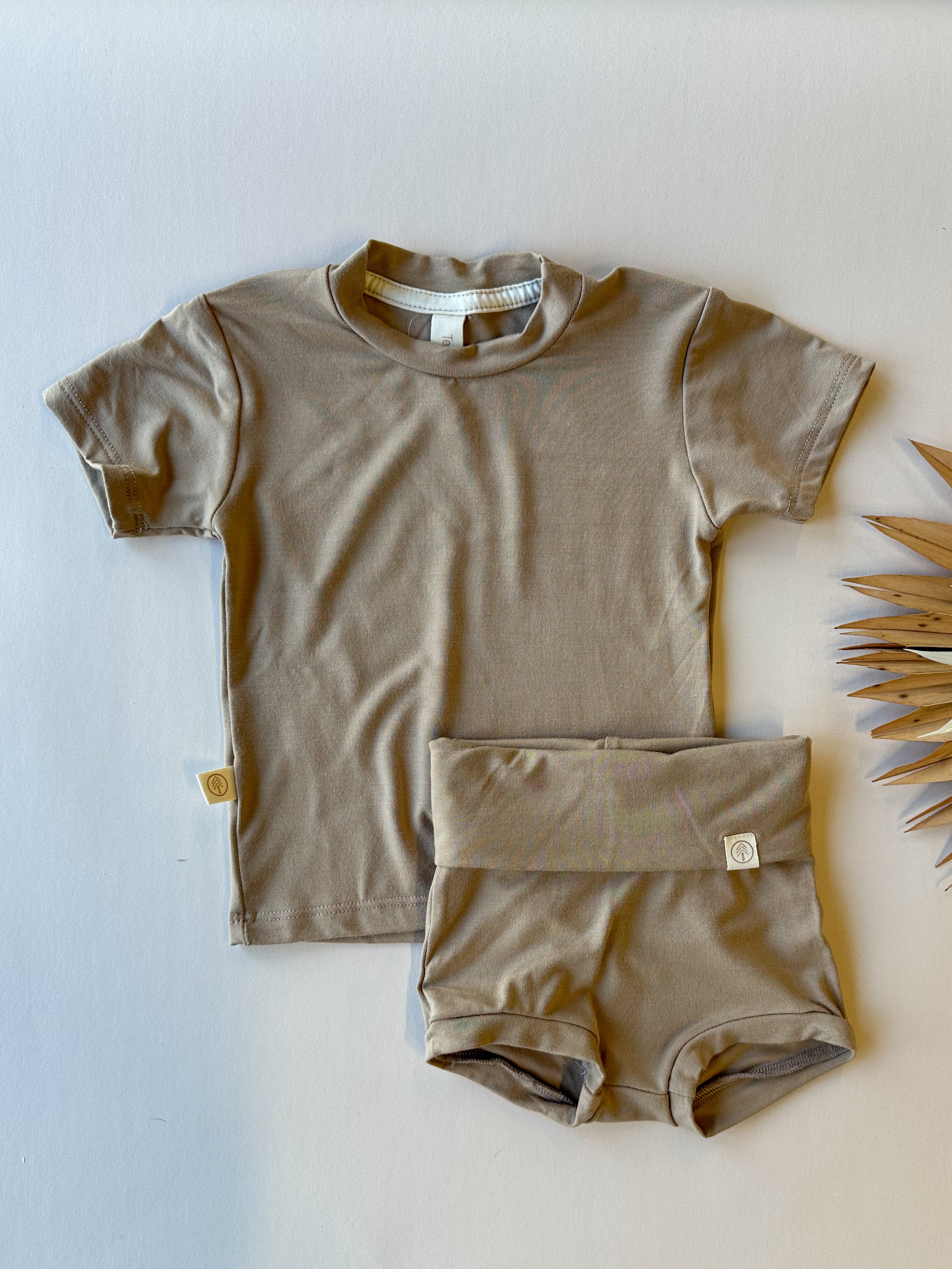Fold Over Bloomers and Short Sleeve Tee Set | Almond | Luxury Bamboo