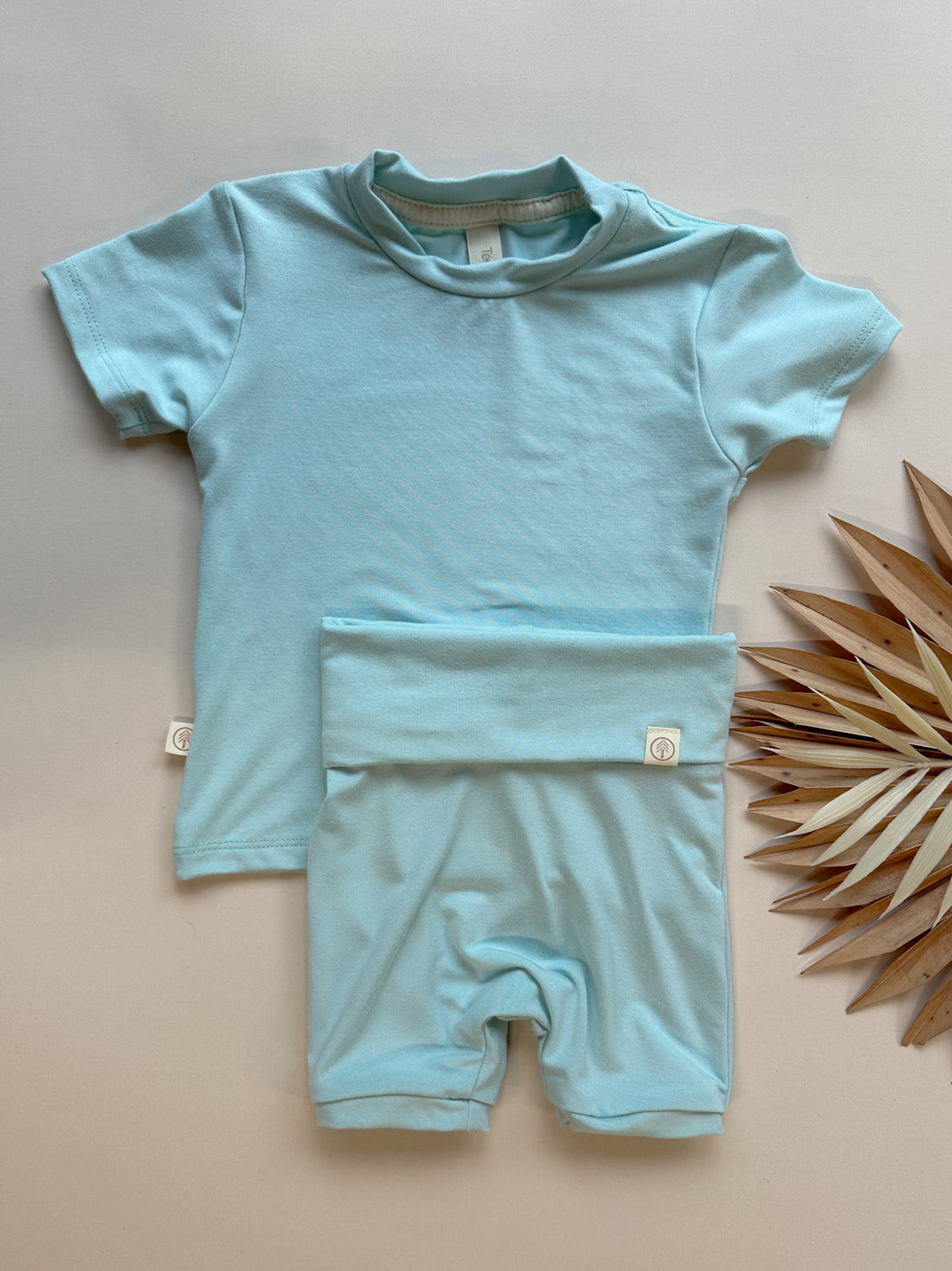 Fold Over Shorties and Short Sleeve Tee Set | Caribbean Blue | Luxury Bamboo