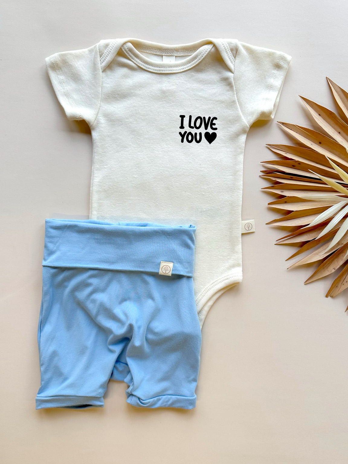 I Love You Heart | Bamboo Fold Over Shorties and Organic Cotton Bodysuit Set | Ocean