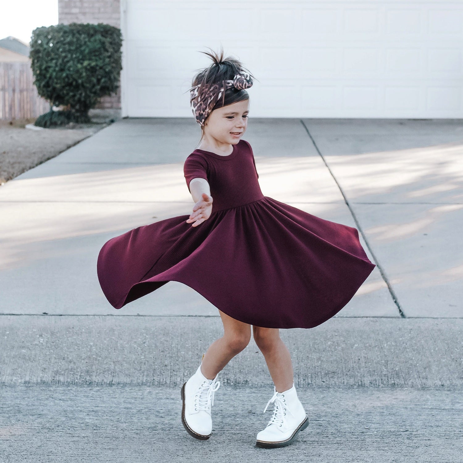 MID SLEEVE TWIRL DRESS- Black Cherry Ribbed