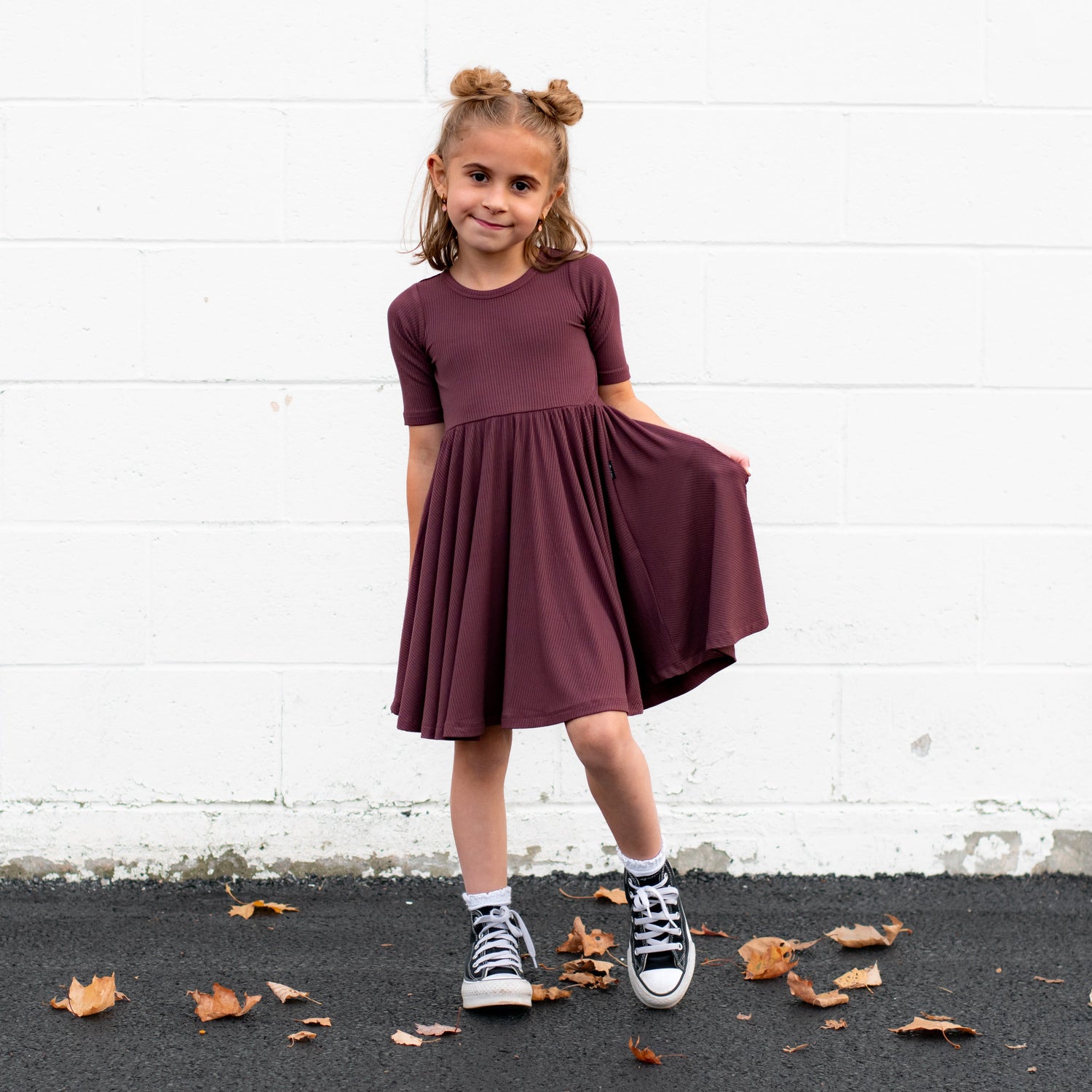MID SLEEVE TWIRL DRESS- Black Cherry Ribbed