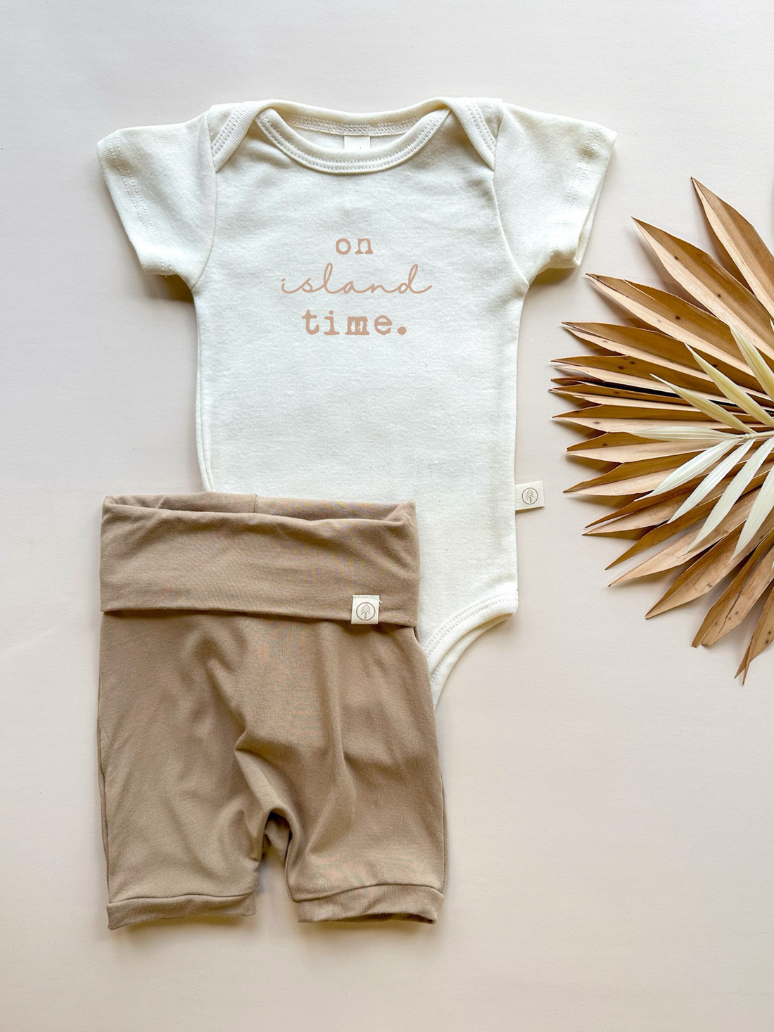 On Island Time | Bamboo Fold Over Shorties and Organic Cotton Bodysuit Set | Almond