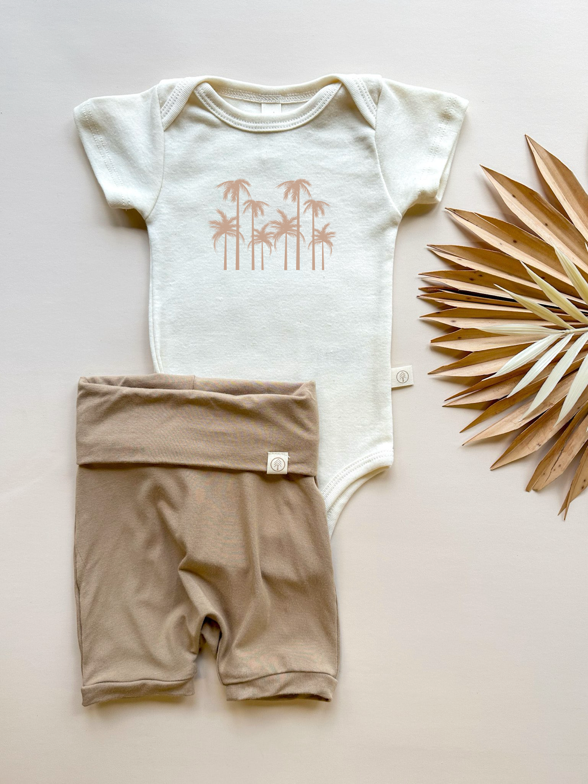 Palm Trees | Bamboo Fold Over Shorties and Organic Cotton Bodysuit Set | Almond