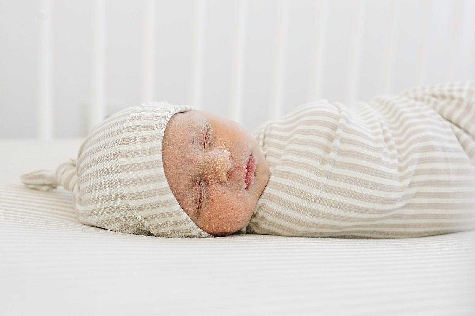 Taupe Stripe Ribbed Bamboo Newborn Knot Hat