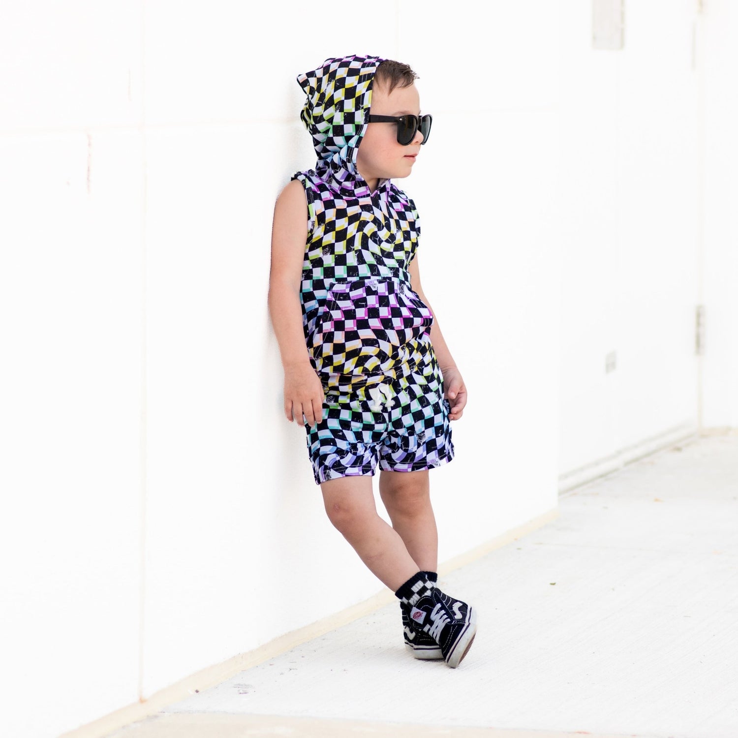 BAMBOO JOGGER SHORTS - Neon Dizzy Check - Tenth &amp; Pine - jogger shorts - 0/6M