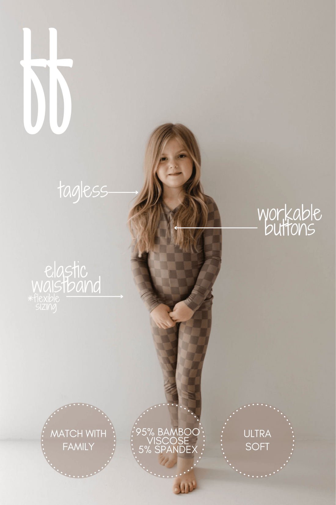Bamboo Two Piece Pajama | Faded Brown Checkerboard - Tenth & Pine - pajamas - 2/3 Years