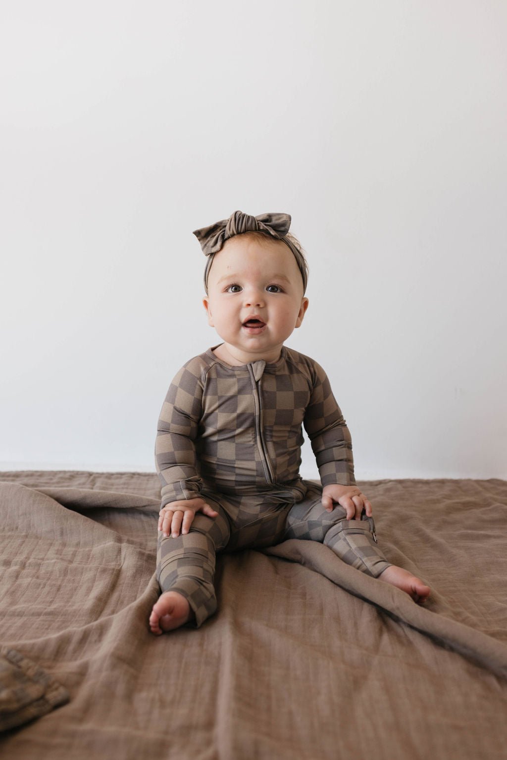 Bamboo Zip Pajamas | Faded Brown Checkerboard - Tenth &amp; Pine - Newborn