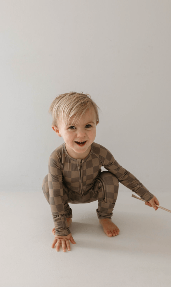 Bamboo Zip Pajamas | Faded Brown Checkerboard - Tenth &amp; Pine - Newborn