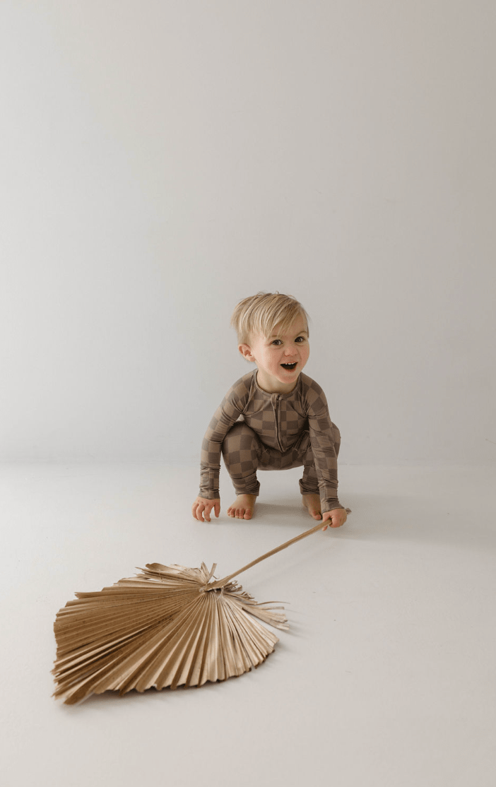 Bamboo Zip Pajamas | Faded Brown Checkerboard - Tenth &amp; Pine - Newborn