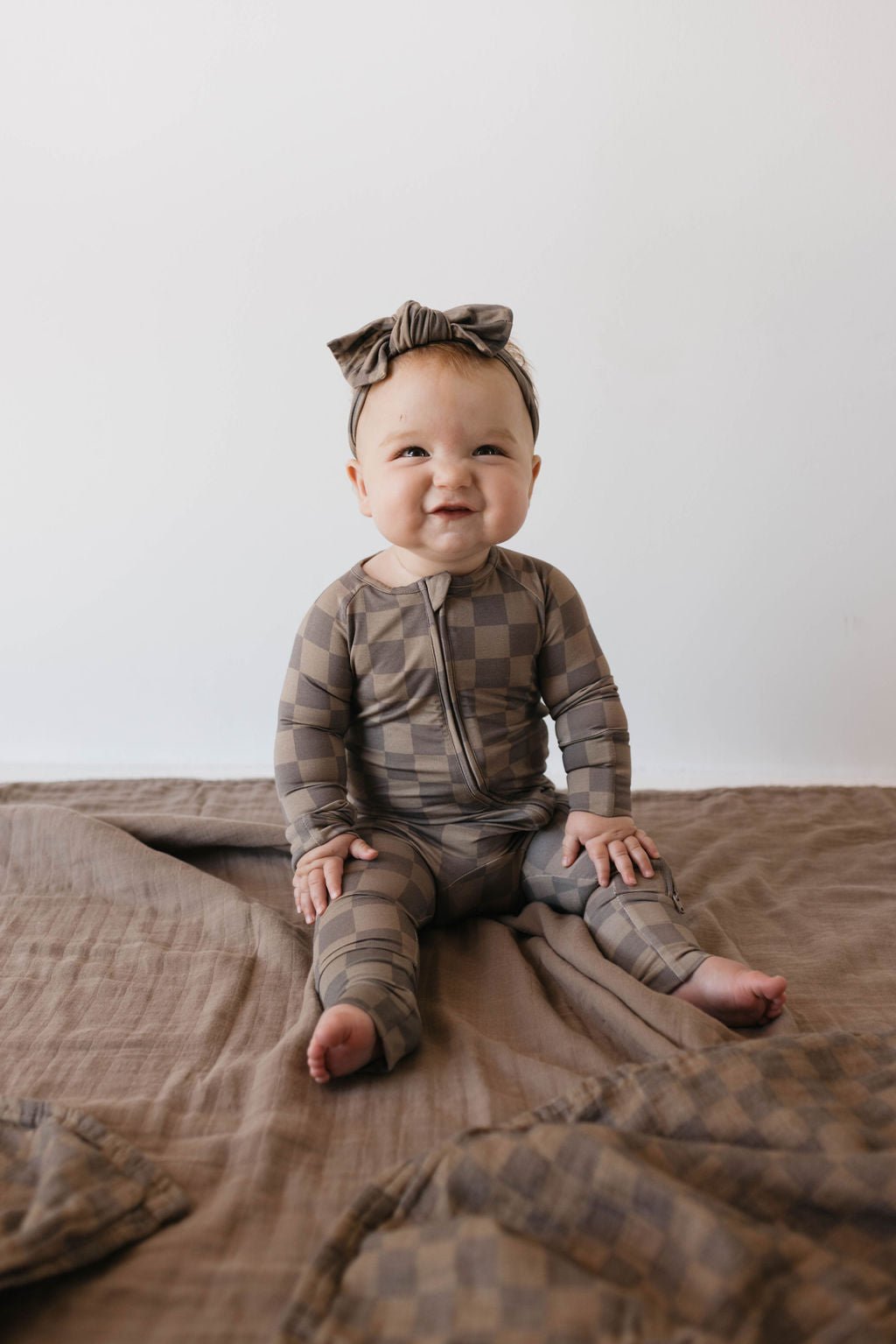 Bamboo Zip Pajamas | Faded Brown Checkerboard - Tenth &amp; Pine - Newborn