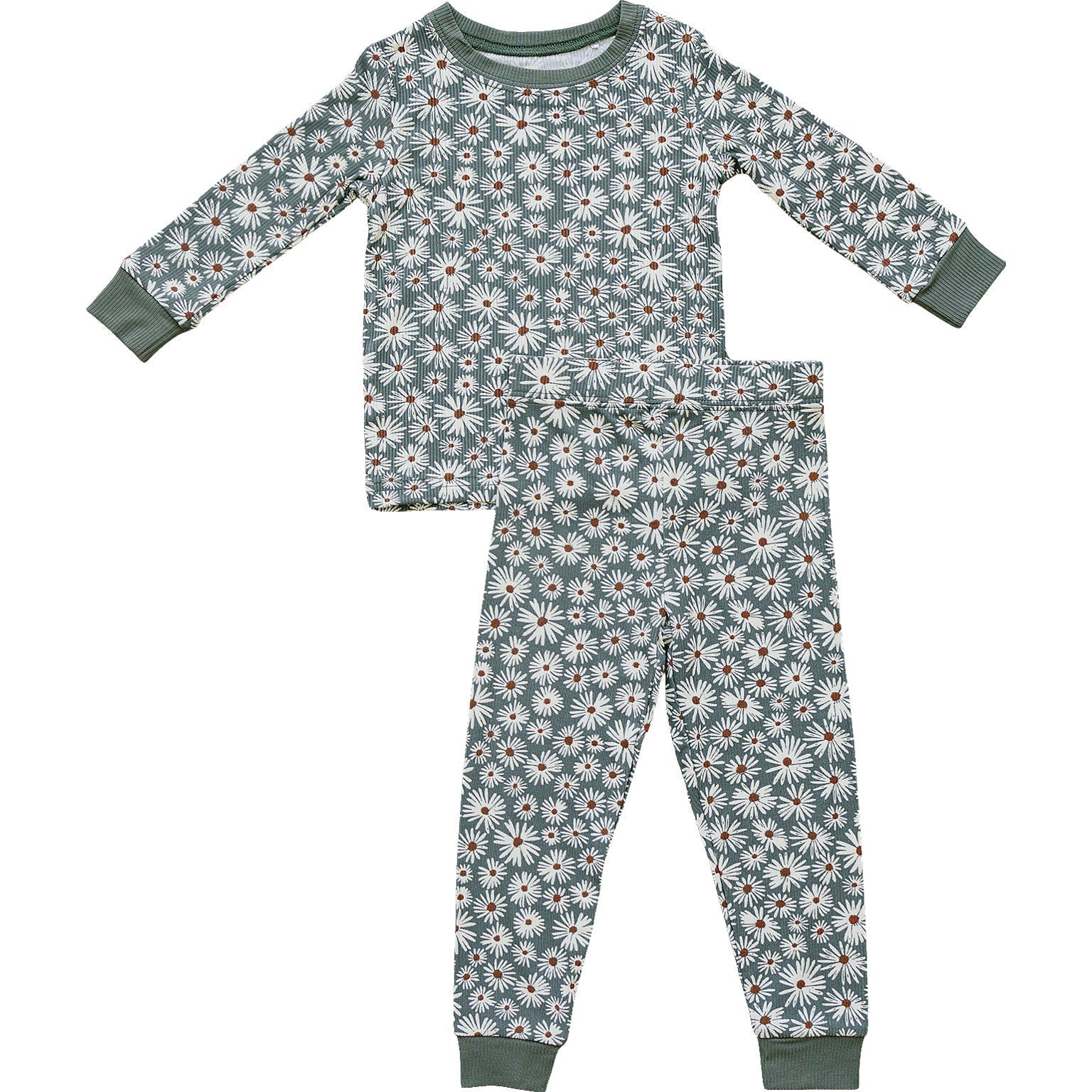 Dark Green Daisy Ribbed Bamboo Cozy Set - Tenth &amp; Pine - Bamboo 2 Piece PJ - 6 - 12 - Mebie Baby