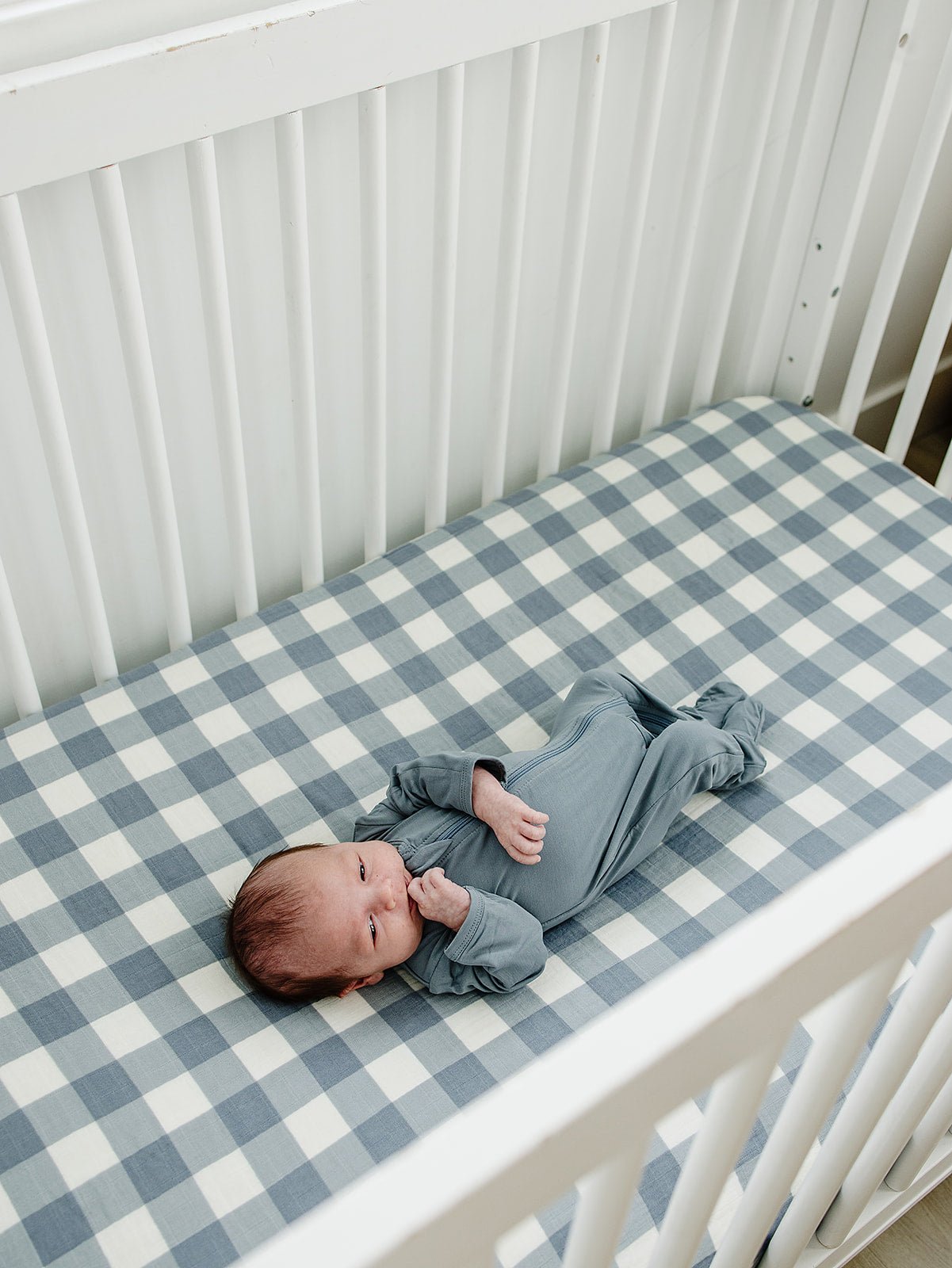 Dusty Blue Gingham Muslin Crib Sheet - Tenth &amp; Pine - 