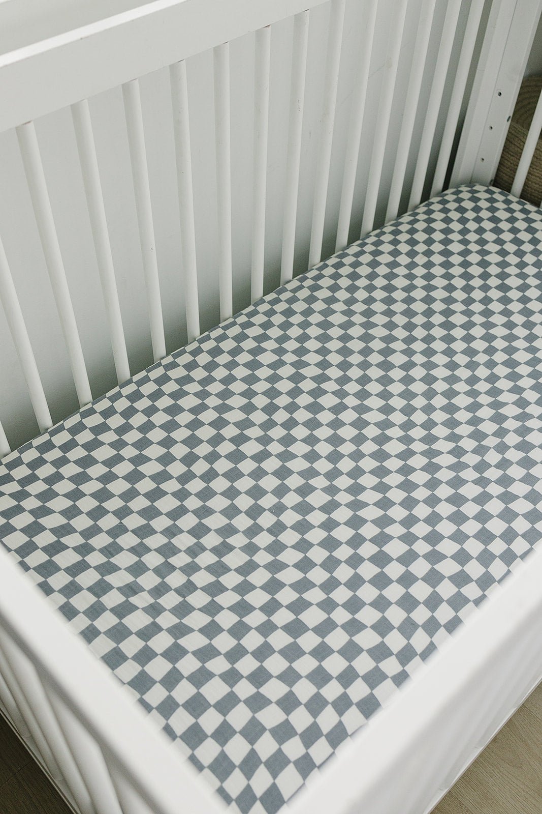 Dusty Blue Wavy Checkered Muslin Crib Sheet - Tenth &amp; Pine - 