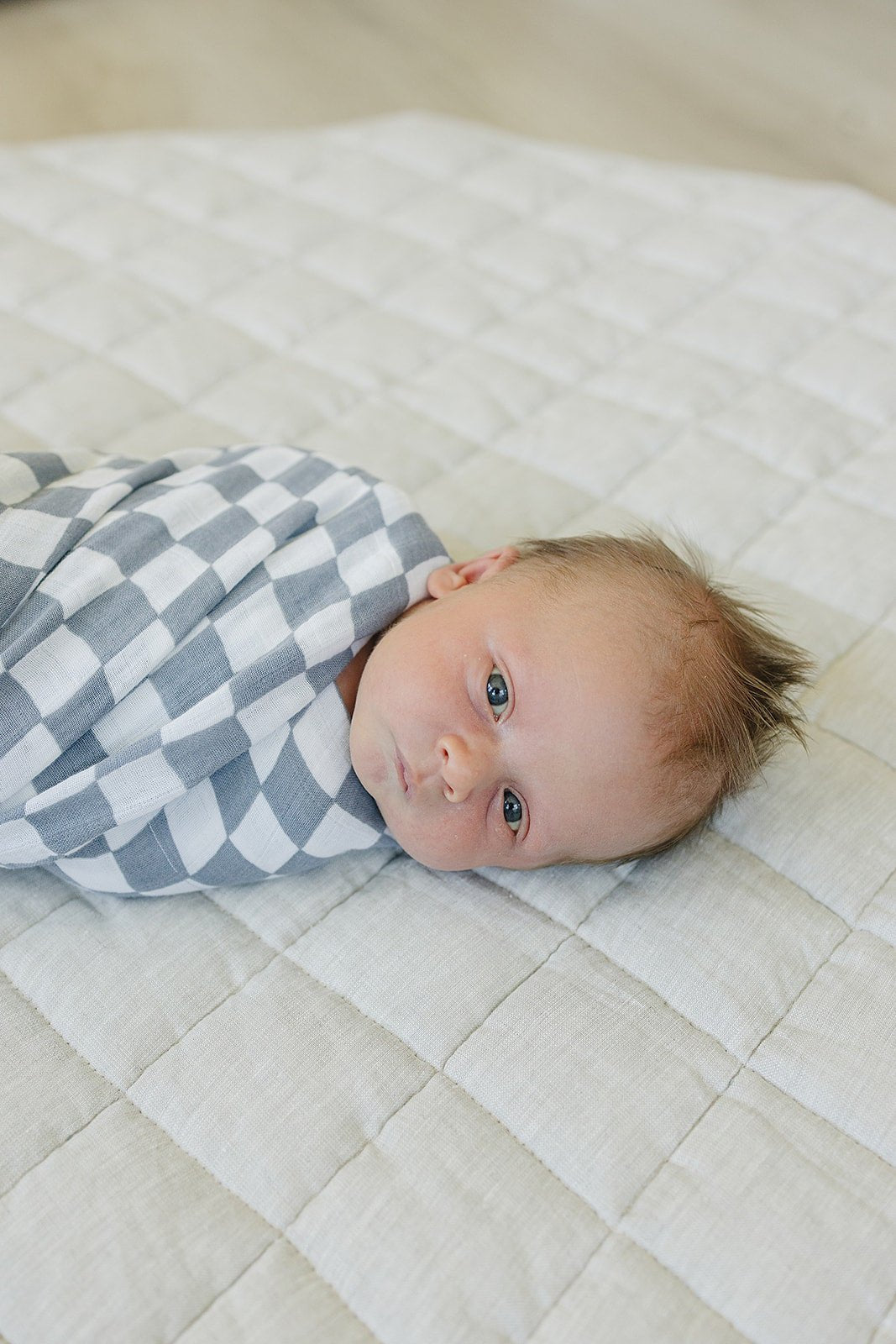 Dusty Blue Wavy Checkered Muslin Swaddle Blanket - Tenth &amp; Pine - 