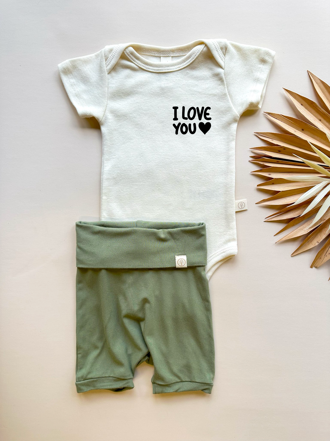 I Love You Heart | Bamboo Fold Over Shorties and Organic Cotton Bodysuit Set | Eucalyptus