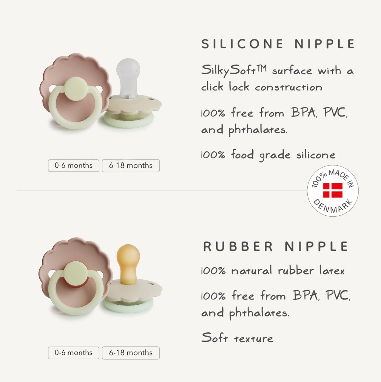 FRIGG Daisy Night Silicone Pacifier 2 - Pack - Tenth &amp; Pine - FRIGG PACIFIERS - 6 - 18 months - Portobello/Croissant