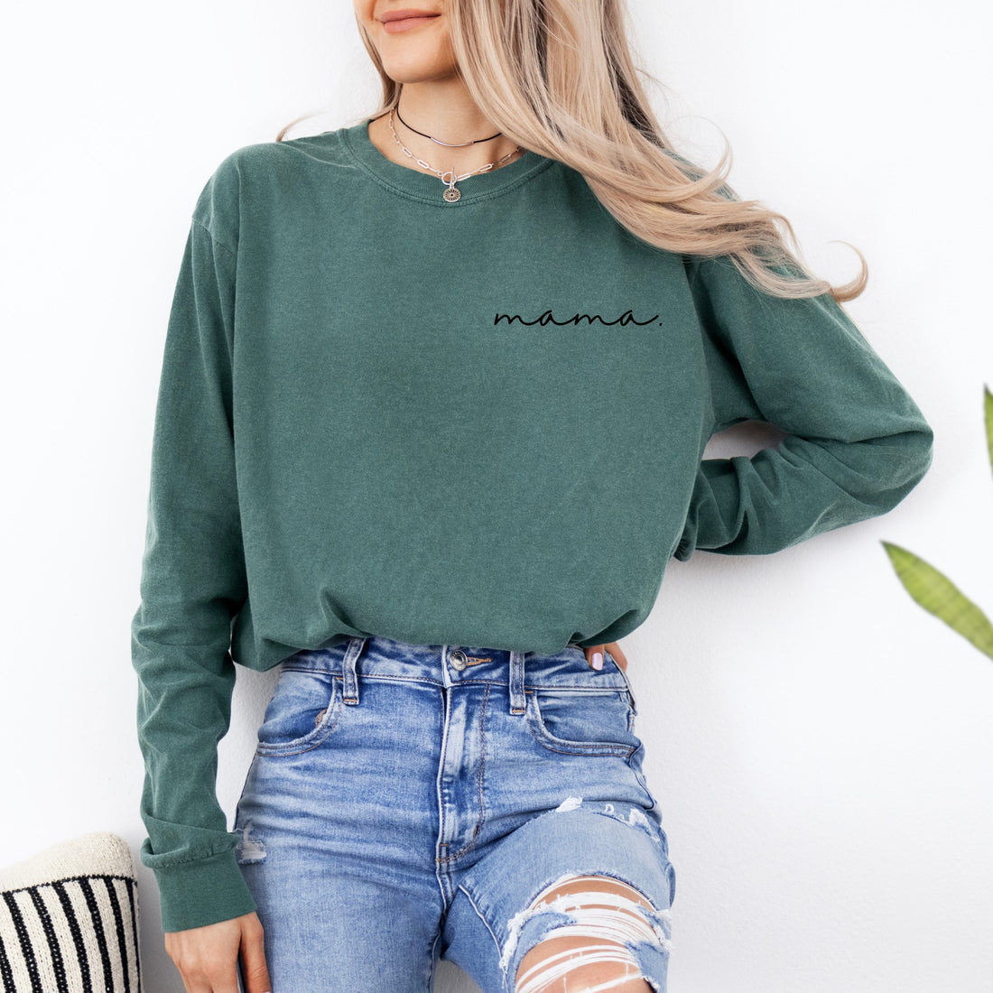 mama. Cursive Script T-shirt | Adult Long Sleeve Tee - Tenth &amp; Pine - Long - sleeve - S - Blue Spruce