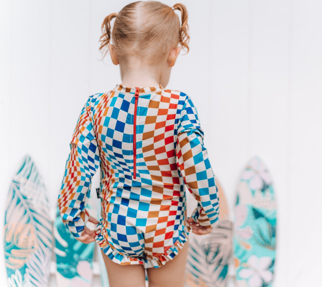 RUFFLE RASH GUARD - Groovy Check - Tenth & Pine - Ruffle Rash Guard - 6/12m - millie + roo