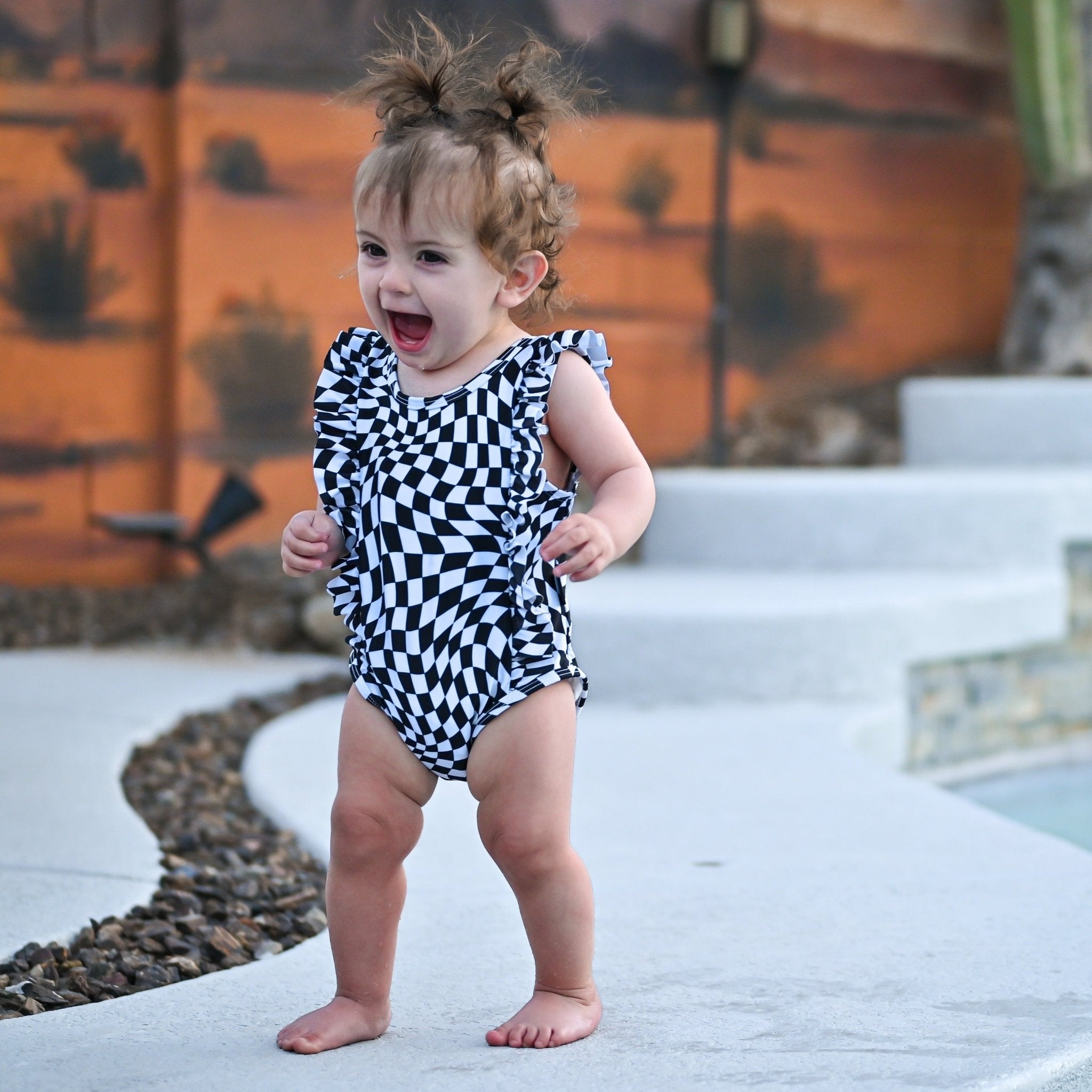 RUFFLE SWIMSUIT - Black Dizzy Check - Tenth &amp; Pine - Ruffle Swimsuit - 6/12m - millie + roo