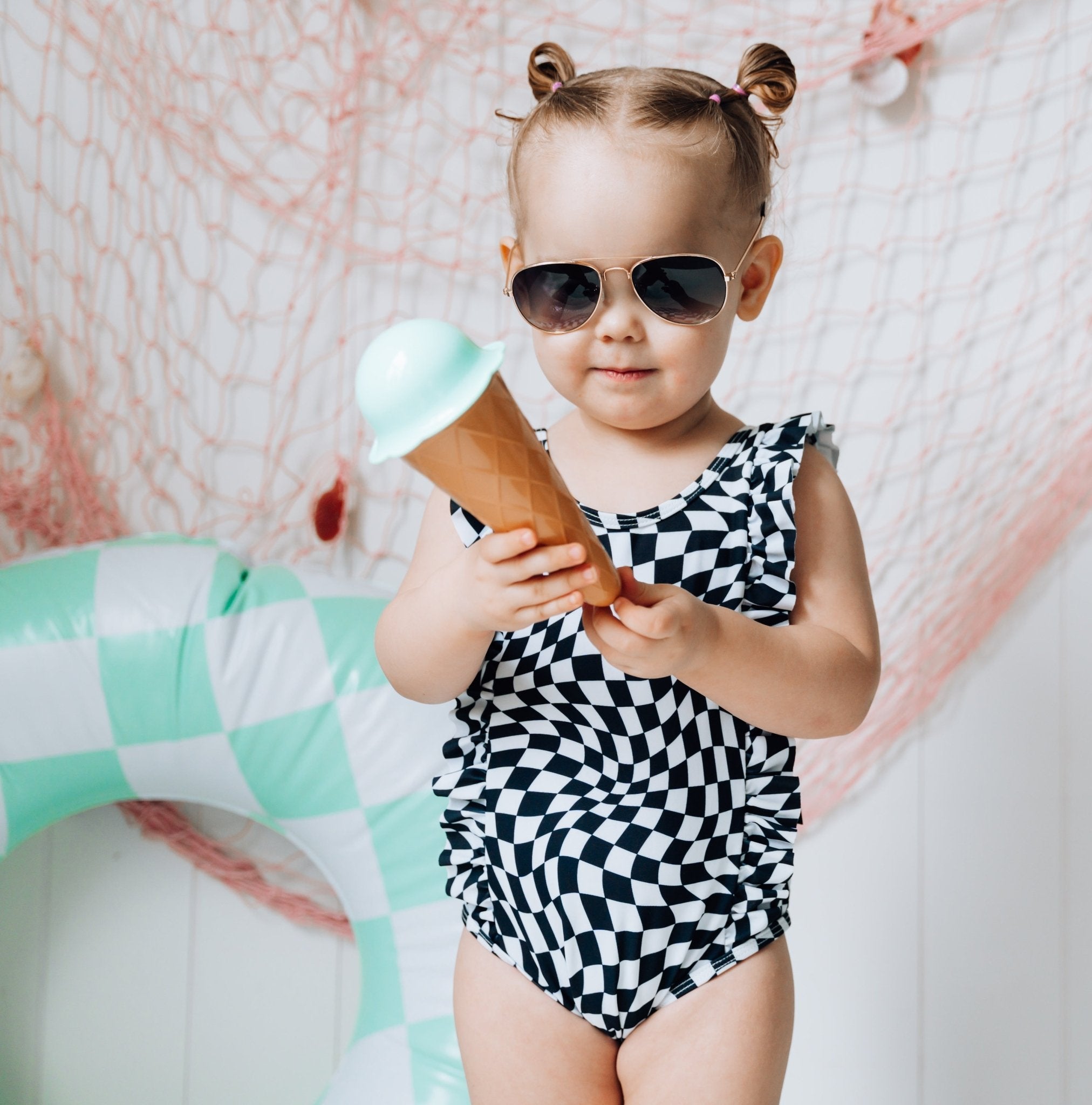 RUFFLE SWIMSUIT - Black Dizzy Check - Tenth &amp; Pine - Ruffle Swimsuit - 6/12m - millie + roo