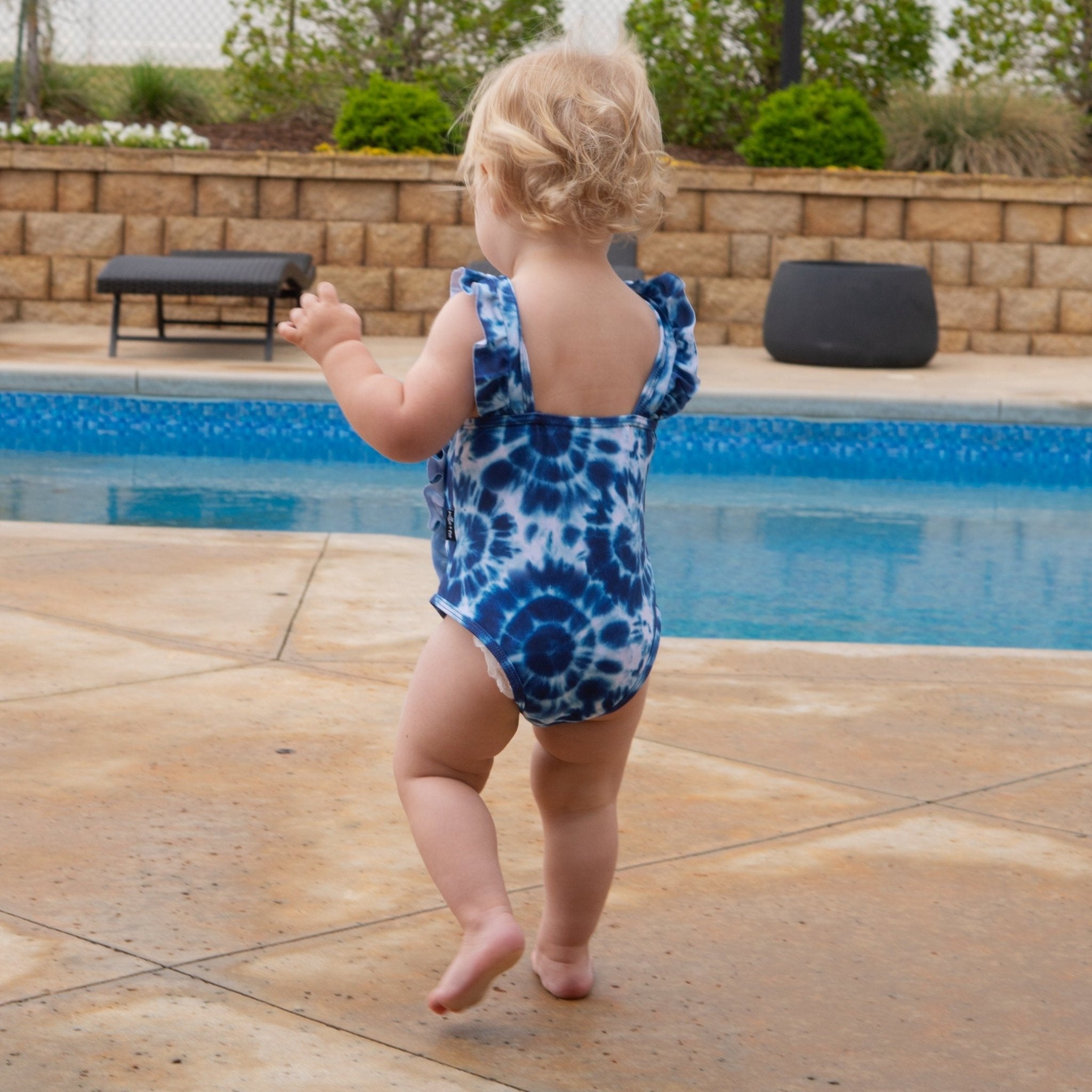 RUFFLE SWIMSUIT - Blue Tie Dye - Tenth &amp; Pine - Ruffle Swimsuit - 6/12m - millie + roo