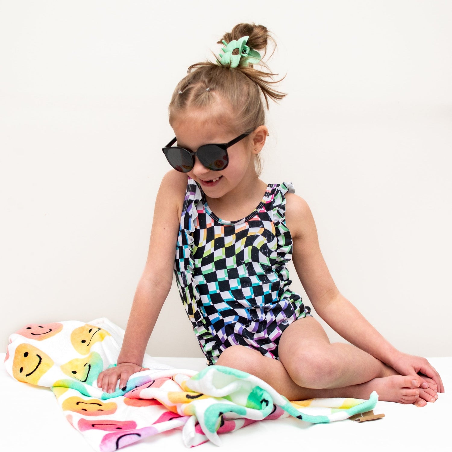 RUFFLE SWIMSUIT - Neon Dizzy Check - Tenth &amp; Pine - Ruffle Swimsuit - 6/12m - millie + roo
