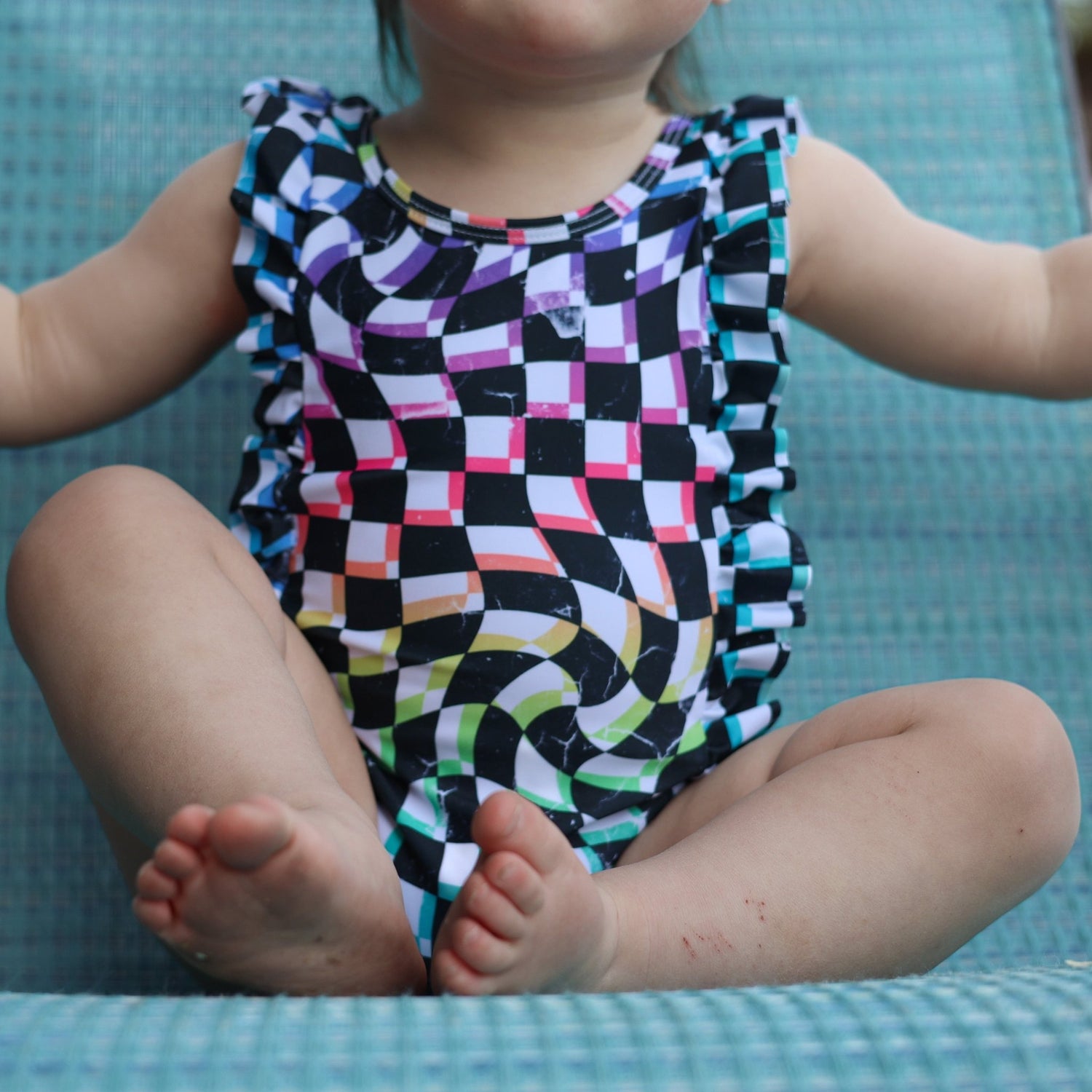 RUFFLE SWIMSUIT - Neon Dizzy Check - Tenth &amp; Pine - Ruffle Swimsuit - 6/12m - millie + roo